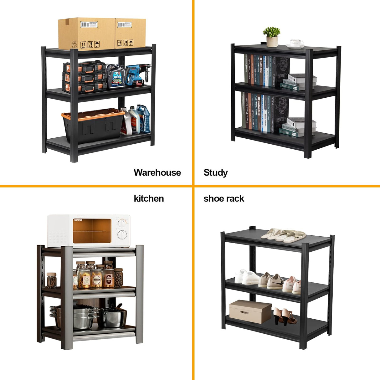 Jarbalai Black 3-Tier Heavy Duty Steel Shelving Unit, 1000 LBS Capacity Garage Shelving, Adjustable Storage Rack, 31.5" L x15.75 W x31.5 H, Industrial Shelves for Garage, Workshop, Home Organization Jarbalai