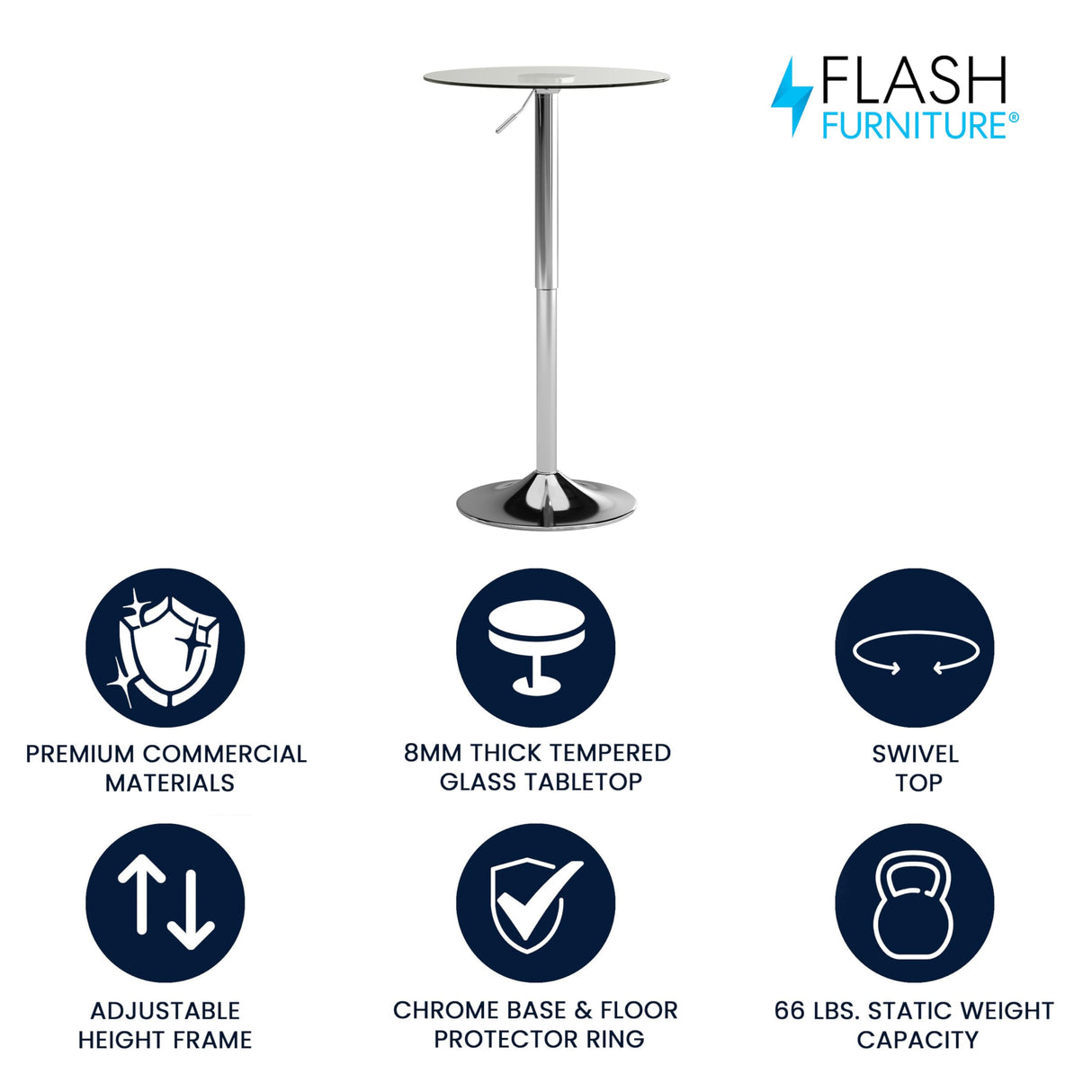 Flash Furniture Chad 23.5'' Round Glass Cocktail Table with Adjustable Height Frame, Bar Height Table for Commercial or Residential Use, Clear/Chrome Flash Furniture