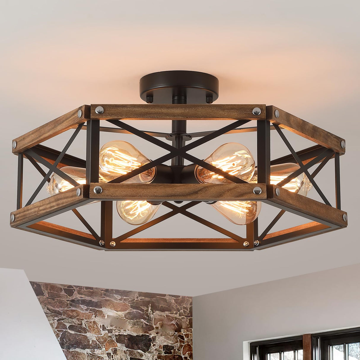 6-Light Large Rustic Farmhouse Wood Flush Mount Ceiling Light Fixture 20 inch Oak Wood and Metal Cage Semi Flush Mount Ceiling Light for Hallway Entry Dining Farmhouse Bedroom Living Room, Black RKUCSR