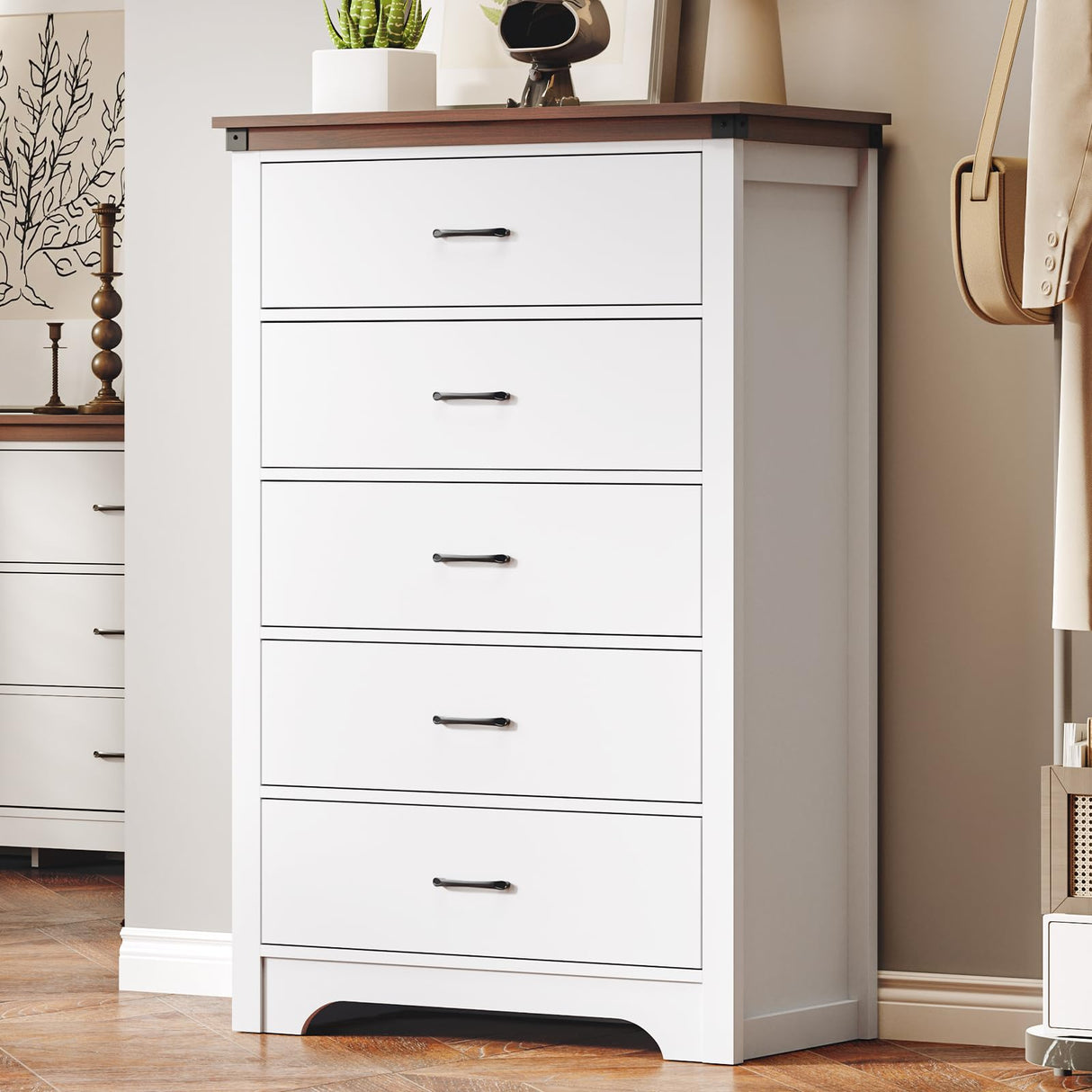 Airynee Farmhouse 5 Drawer Dresser for Bedroom, 47" Tall Chest of Drawers, Wood White Dresser with Deep Drawers, Storage Dressers Organizer for Bedroom, Living Room, Hallay, White Airynee