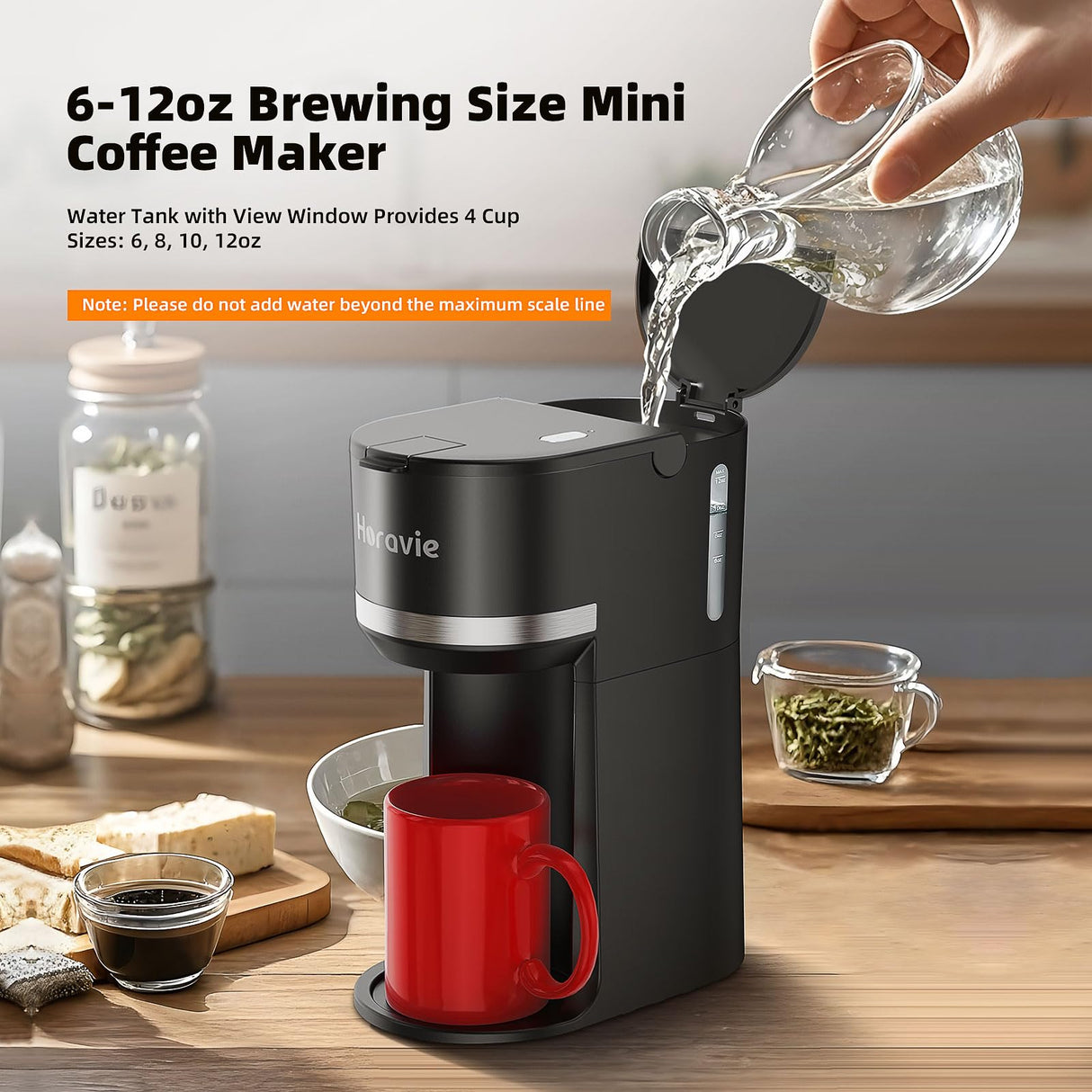 Horavie Mini Single Serve Coffee Maker for K Cup and Ground Coffee, Fast Brew One Cup Coffee Machine with Descaling Reminder and Water Window, 6 to 12 oz. Brew Sizes, Black Horavie