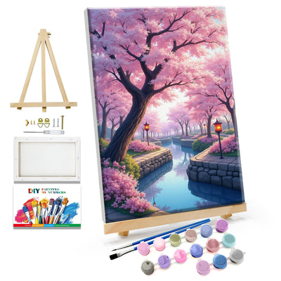 JOOZ Cherry Blossom Paint by Numbers Kit for Adults Framed Lake Paint by Number with Easel DIY Sakura Oil Painting by Numbers Adult Paint by Number Kits on Canvas Framed for Home Wall Decor 8x12 Inch