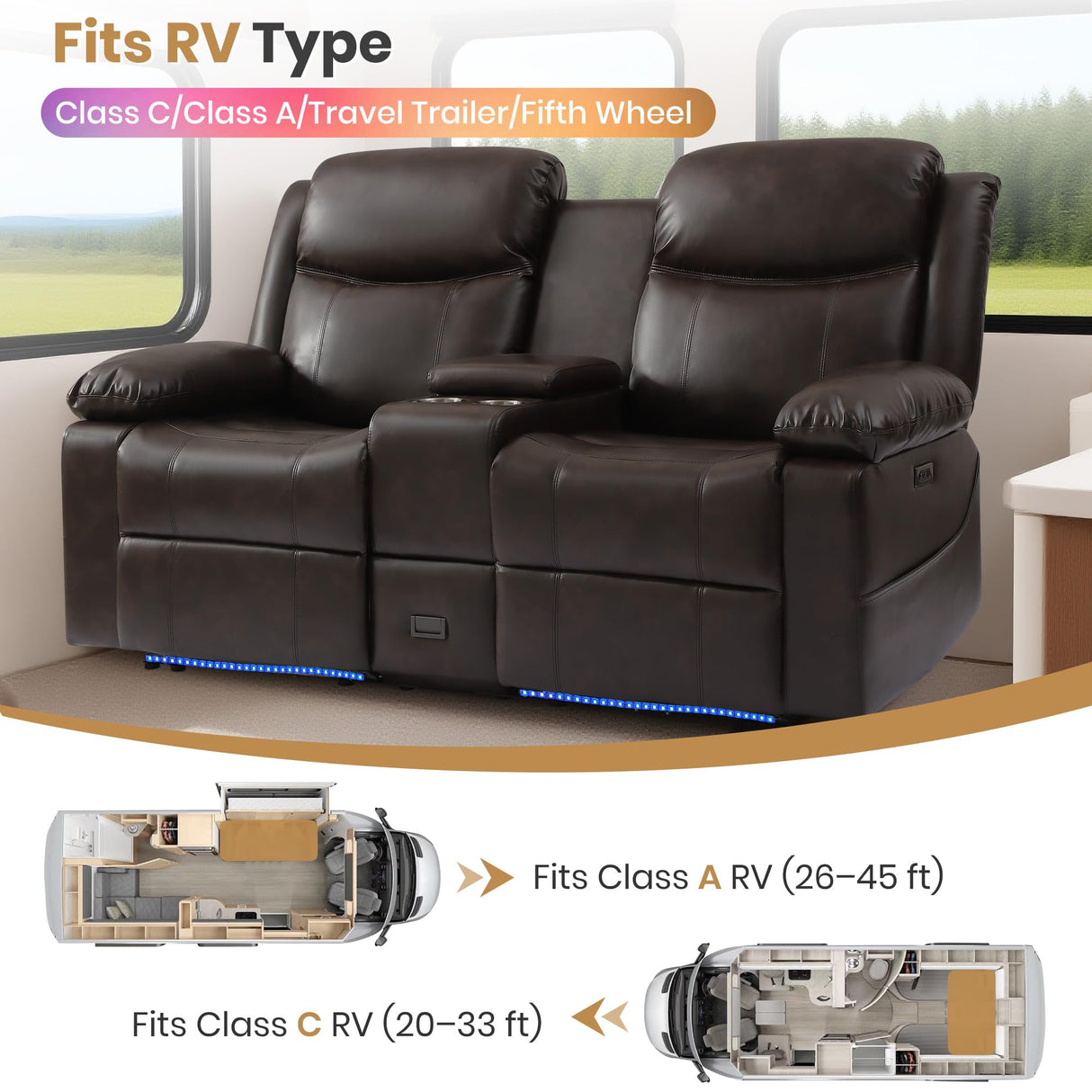 LURVIA 70" Power Recliner Loveseat for RV, Living Room Home Theater,Built-in LED Lighting with Multiple Modes,Wall Hugger, Oversized Leather Loveseat Couch for Camper, Trailer, Apartment,150° Recline LURVIA