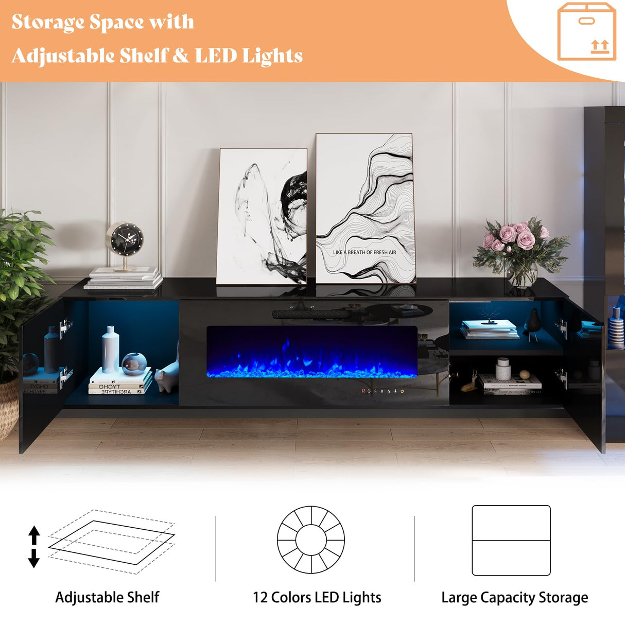 AMERLIFE Floating Fireplace TV Stand, Wall Mounted Mirrored Entertainment Center with 40" Electric Fireplace, Modern LED Lights Media Console for TVs Up to 90", Black AMERLIFE