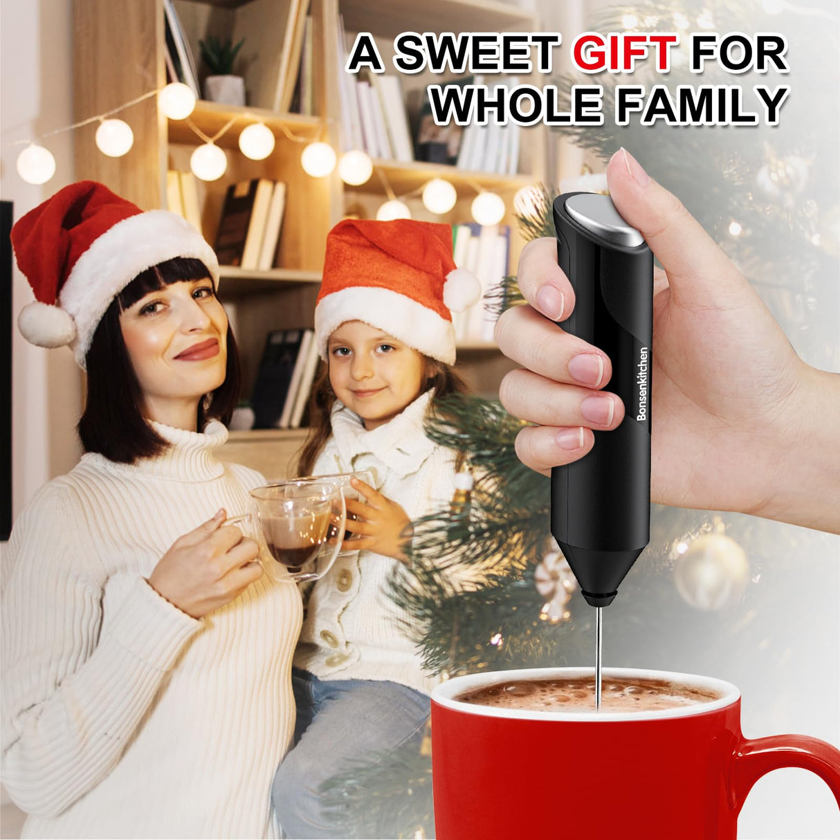 Bonsenkitchen Powerful Milk Frother for Coffee, Fast Handheld Drink Mixer with Stainless Steel Whisk, Battery Operated Hand Frother Stirrer Wand-Black Bonsenkitchen