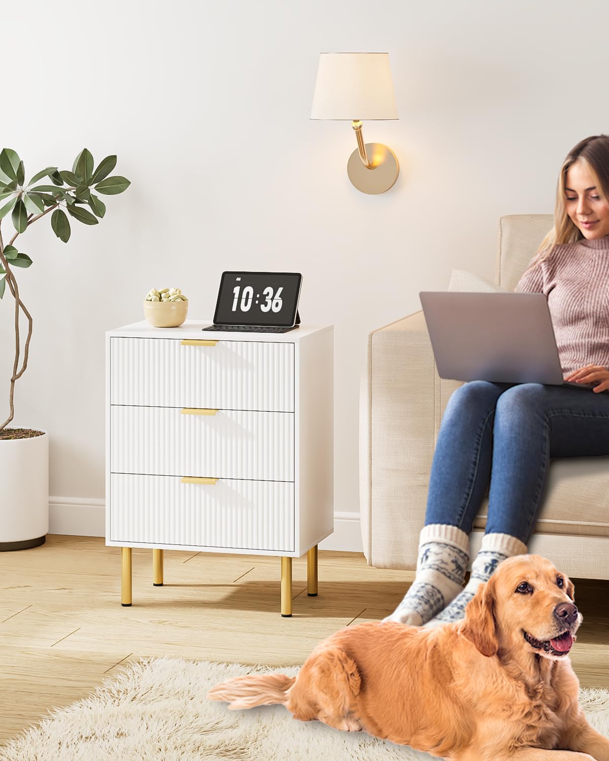 AEPOALUA Nightstand with 3 Drawers,Fluted Bedside Table with Gold Frame,25.7" H White Night Stand,Mid Century Modern Side Accent Table for Bedroom,Living Room AEPOALUA