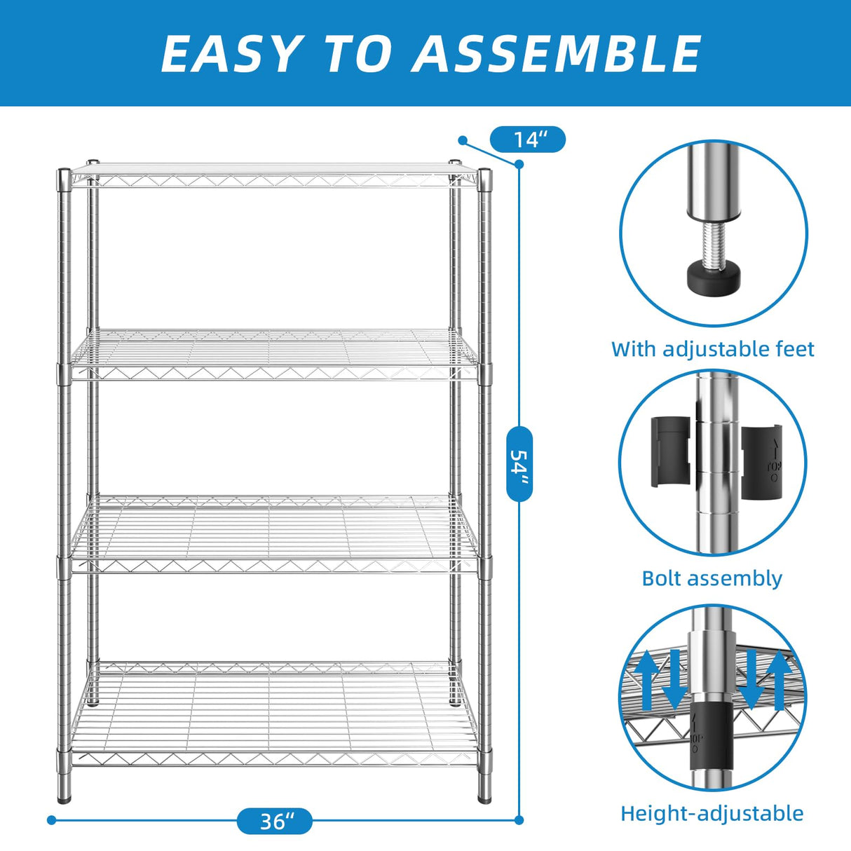 Guan River 4-Shelf Adjustable Metal Shelf Wire Shelving Unit Storage Rack Display Shelf for Office,Kitchen,Bedroom,Bathroom,Laundry,Pantry Basement,Garage(Chrome,36" L x 14" W x 54" H) Guan River