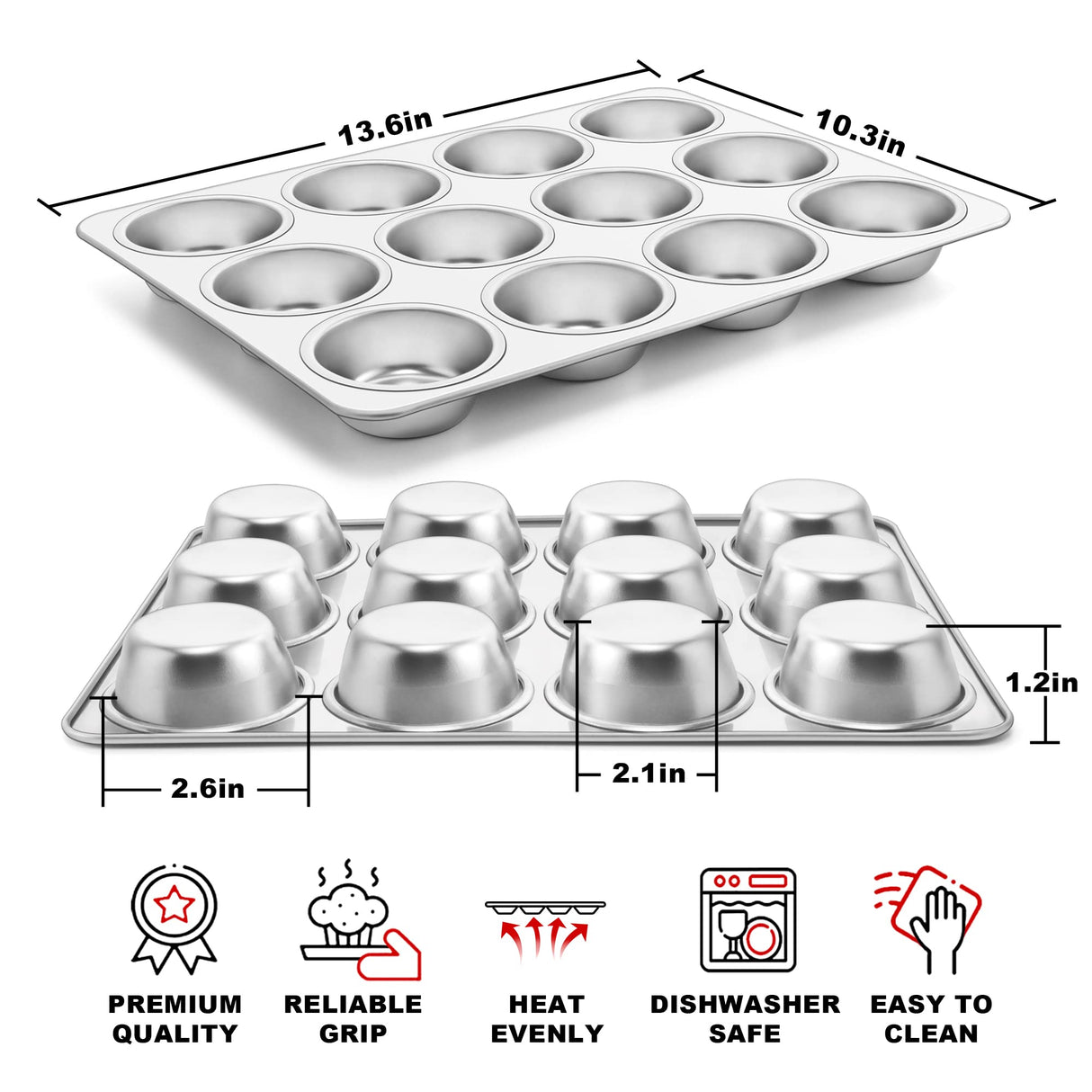 TeamFar 12-Cup Muffin Pan, Stainless Steel Cupcake Pans Muffin Tin Set for Oven Baking Mini Brownies Quiches Tarts, Non Toxic & Regular Size, Dishwasher Safe – Set of 2 TeamFar