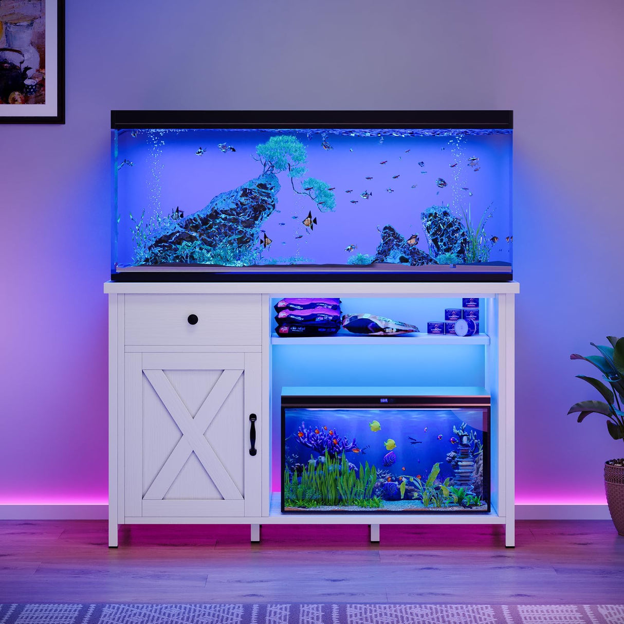 4ever2buy 55-75 Gallon Aquarium Stand with Power Outlets & LED Light, Metal Frame Fish Tank Stand with Drawer & Barn Door, Turtle Reptile Terrariums Stand with Fish Tank Accessories Storage (White) 4ever2buy