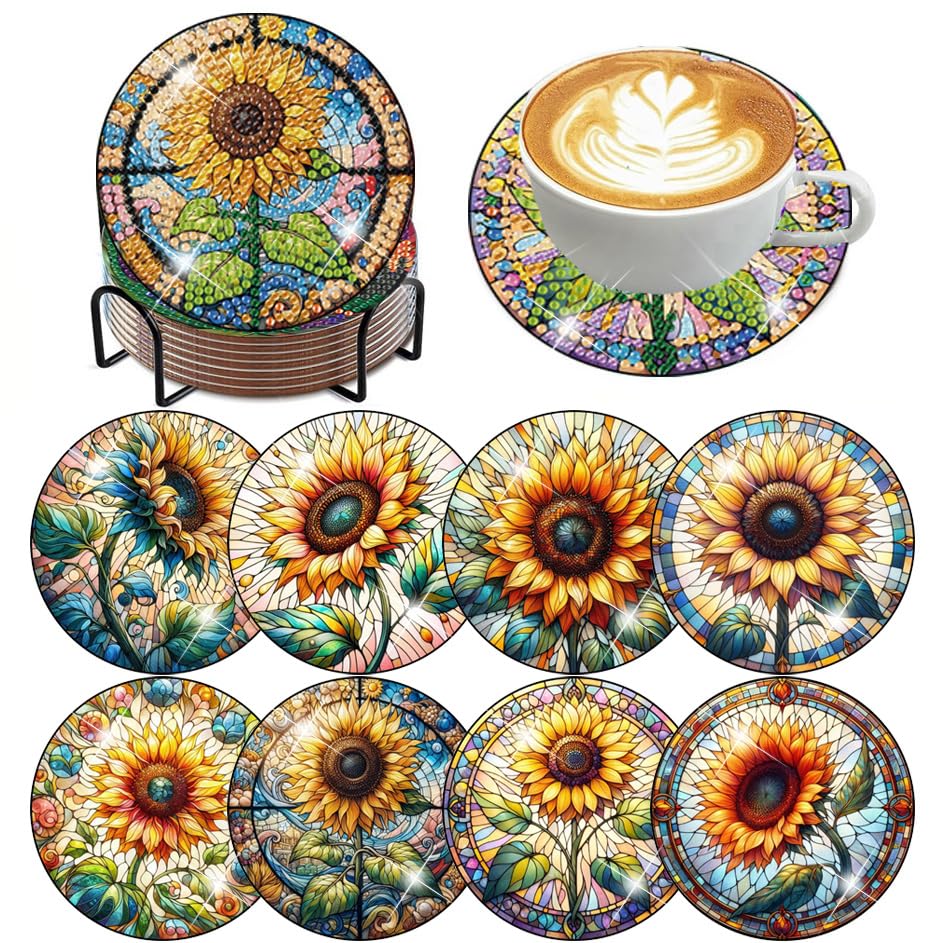 ijbnhd 8 PCS Sunflower Diamond Painting Coasters Sunflower Diamond Art Coasters with Holder DIY for Adults, 5D Diamond Crafts Supplies (Cork Wooden Pad) ijbnhd