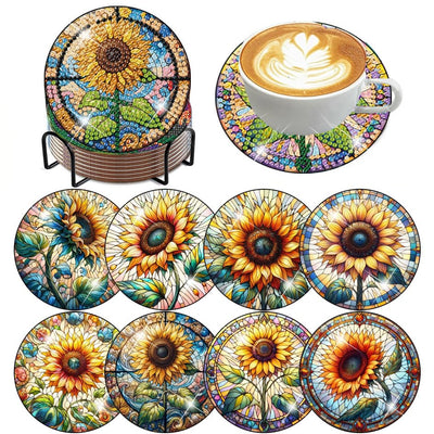 ijbnhd 8 PCS Sunflower Diamond Painting Coasters Sunflower Diamond Art Coasters with Holder DIY for Adults, 5D Diamond Crafts Supplies (Cork Wooden Pad)