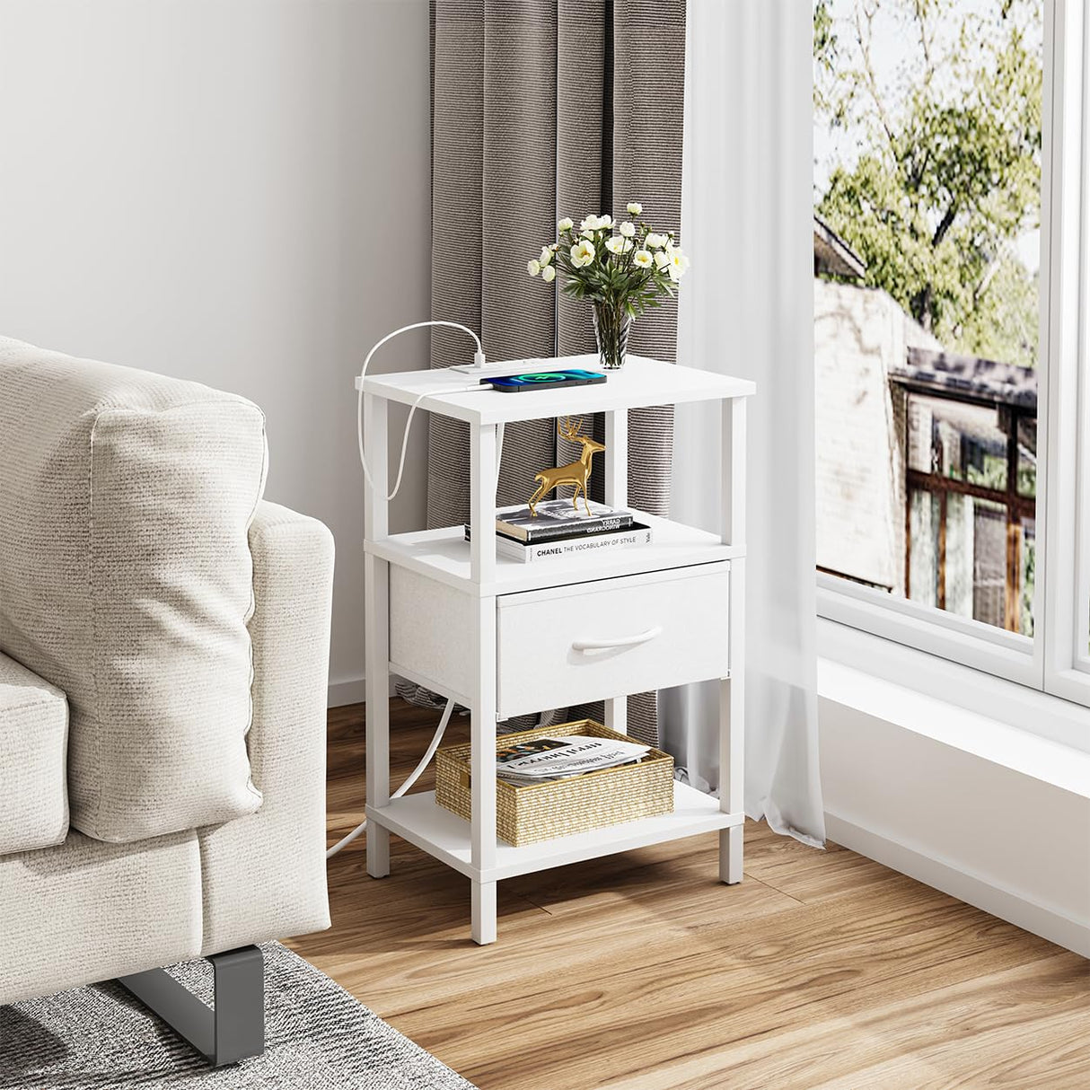 VIMBER Nightstand Set of 2, Adjustable LED Side Table with Charging Station and Fabric Drawer,Beside Tables with Open Compartment for Living Room, Easy Assemble, 3 Tier End Table for Bedroom, White VIMBER