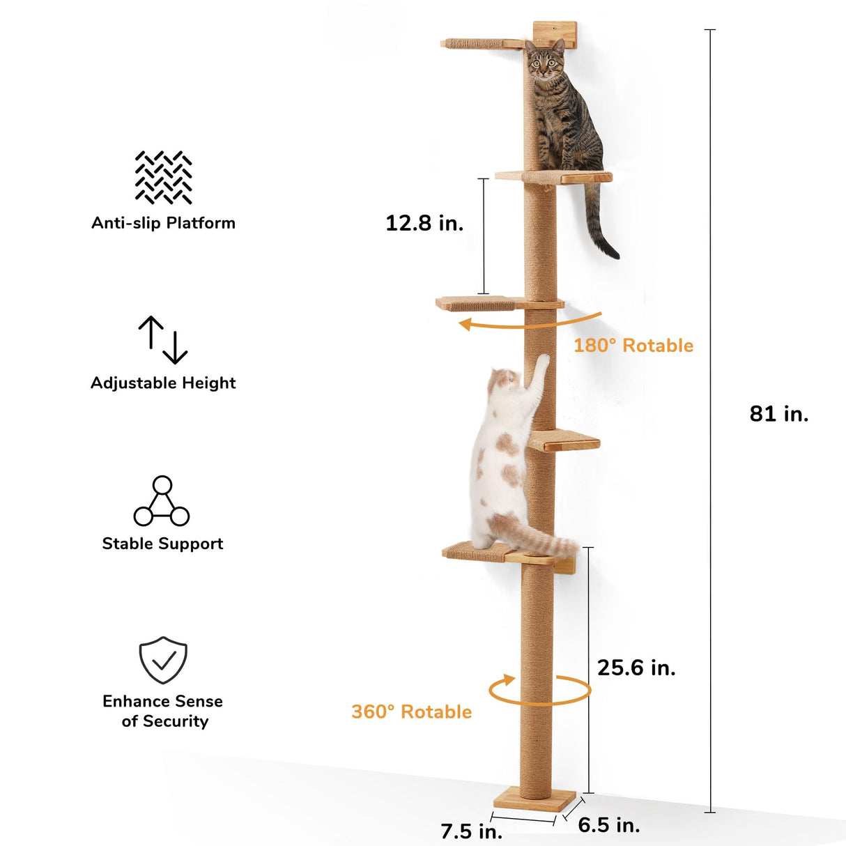 FUKUMARU Tall Cat Tree, 5 Tier Floor to Ceiling Cats Tower, Wall-Mounted Kitten Scratching Post, Wild Simulation Kittens Wall Shelves, Suitable for Climb, Scratch, Lookout and Play FUKUMARU