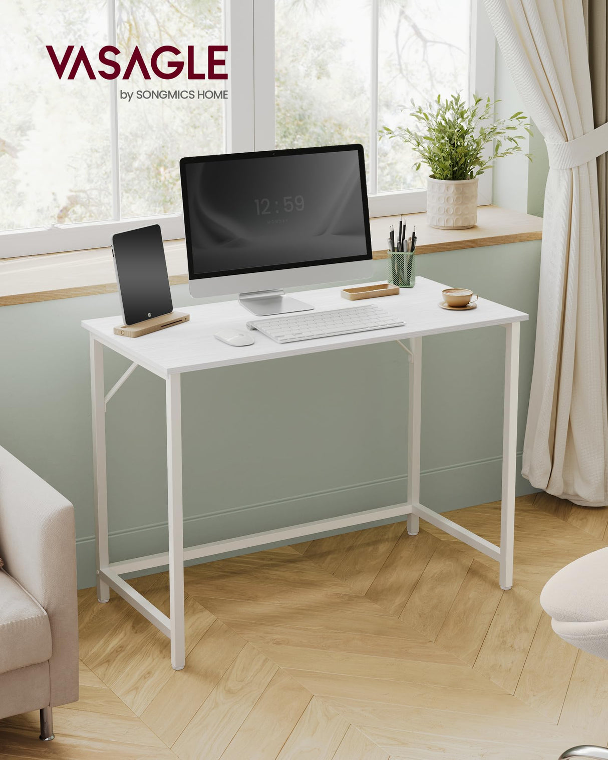 VASAGLE Computer Desk, Gaming Desk, Home Office Desk, for Small Spaces, 19.7 x 39.4 x 29.5 Inches, Modern Style, Metal Frame, Maple White ULWD041W44 VASAGLE
