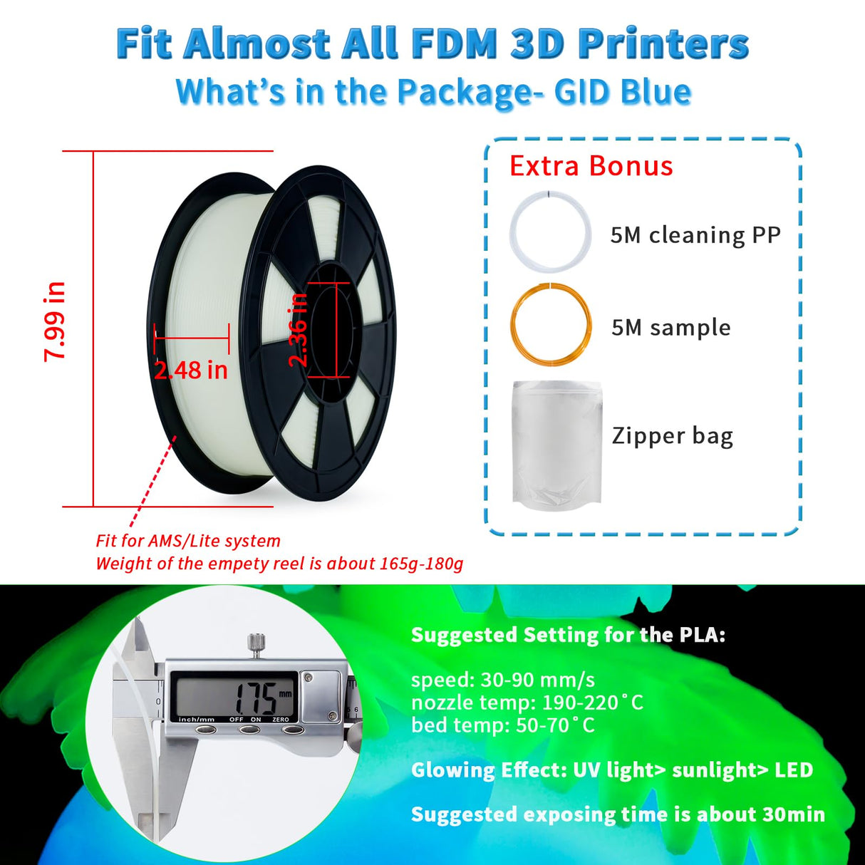 ZIRO Glow in The Dark Filament, PLA Filament 1.75mm, Luminous 3D Printer Filament, Strong Glow Effect 1KG(2.2lbs) Spool, Dimensional Accuracy +/- 0.03mm, Fit Most FDM 3D Printers, Blue ZIRO