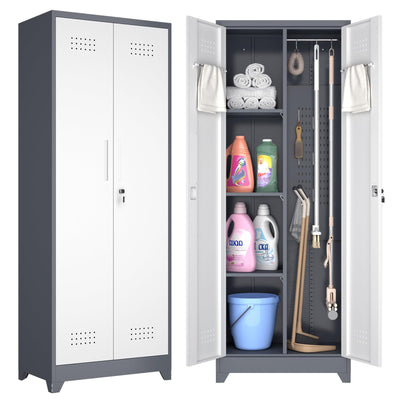 GREATMEET 65" H Broom Closet, Broom Closet Cabinet with Pegboard and Hanging Rod, Cleaning Tool Storage Cabinet, Tall Metal Utility Closet with Locking Doors for Bathroom, Garage