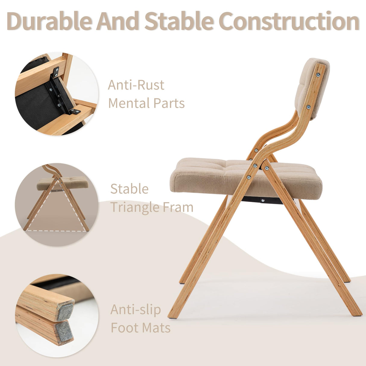 HOMEFUN Folding Chairs with Cushion, Wooden Padded Folding Chairs 4 Pack, Portable and Assembled Folding Dining Chair for Guests Kitchen Office Wedding and Party, Khaki HOMEFUN