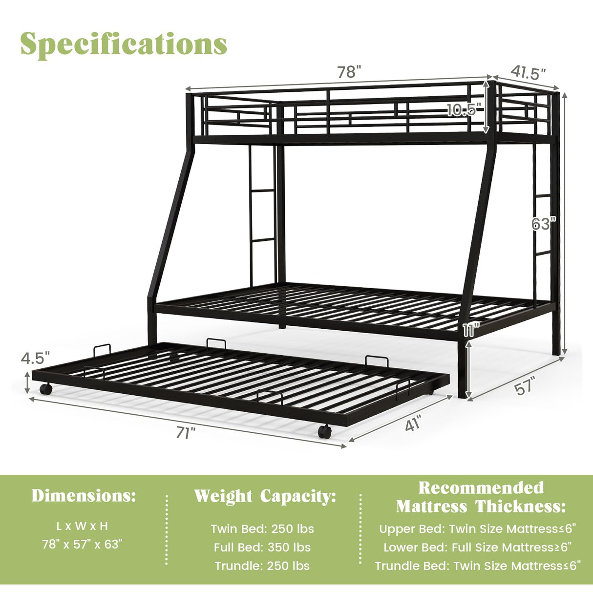 Giantex Twin Over Full Bunk Bed with Trundle, Heavy-Duty Metal Triple Bunk Beds w/Two Side Ladders & Safety Guard Rail, 3 in 1 Bunk Beds for Kids Teens, No Box Spring Needed, Black Giantex