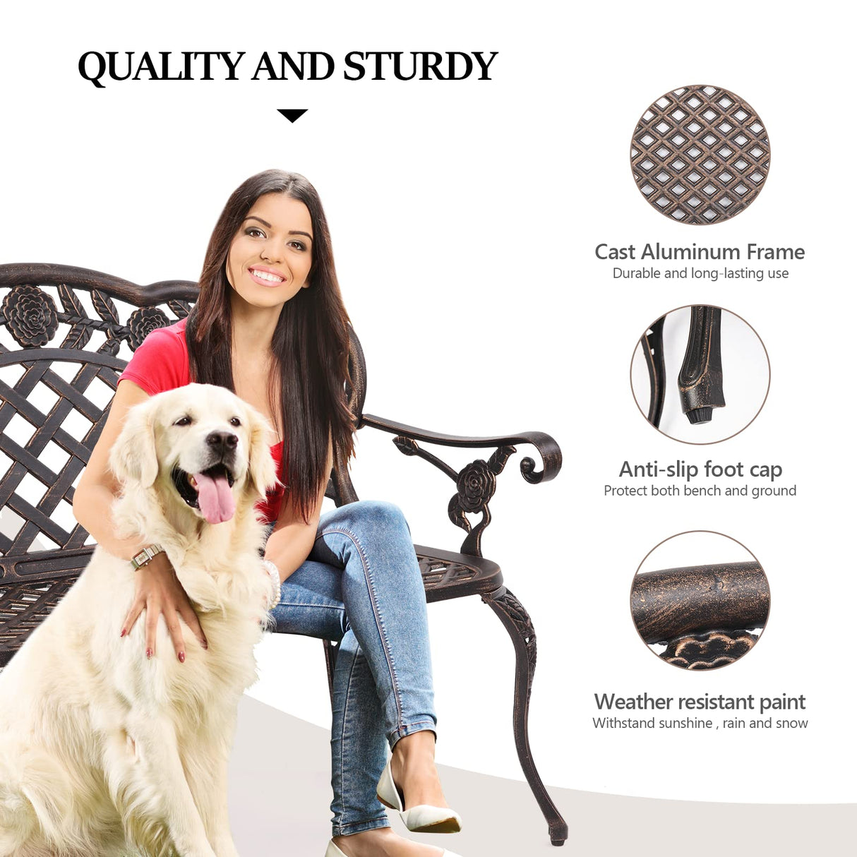 VINGLI 42.5" Patio Garden Bench Outdoor Metal Rose Loveseat, Cast Iron Cast Aluminium Frame Antique Finish Park Chair, Accommodates 2-3 People VINGLI