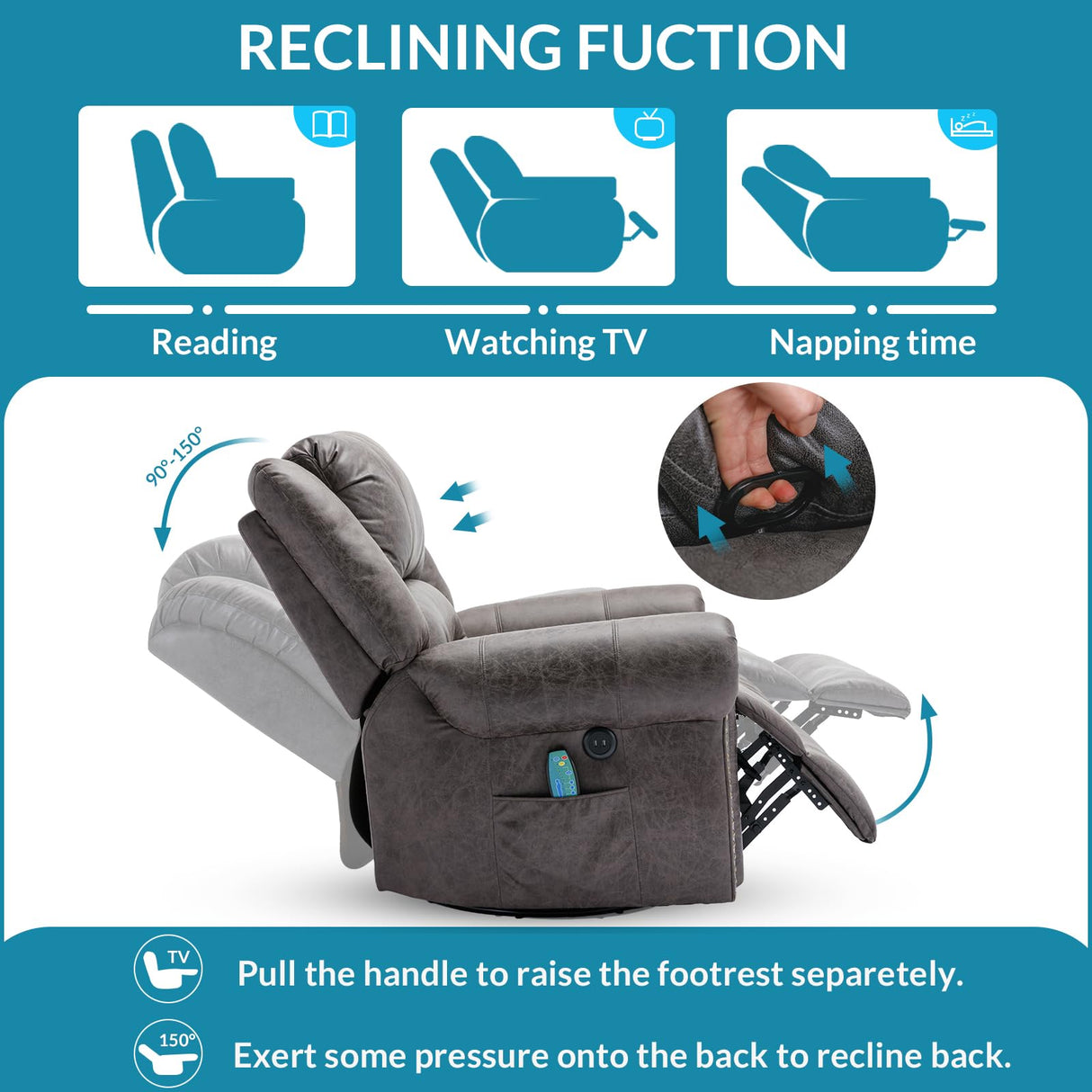 OUINCH Manual 360 Degree Swivel Glider Rocker Recliner Chair with Massage and Heat, USB Ports and 2 Side Pockets, Bronze Suede Like Fabric, Grey OUINCH