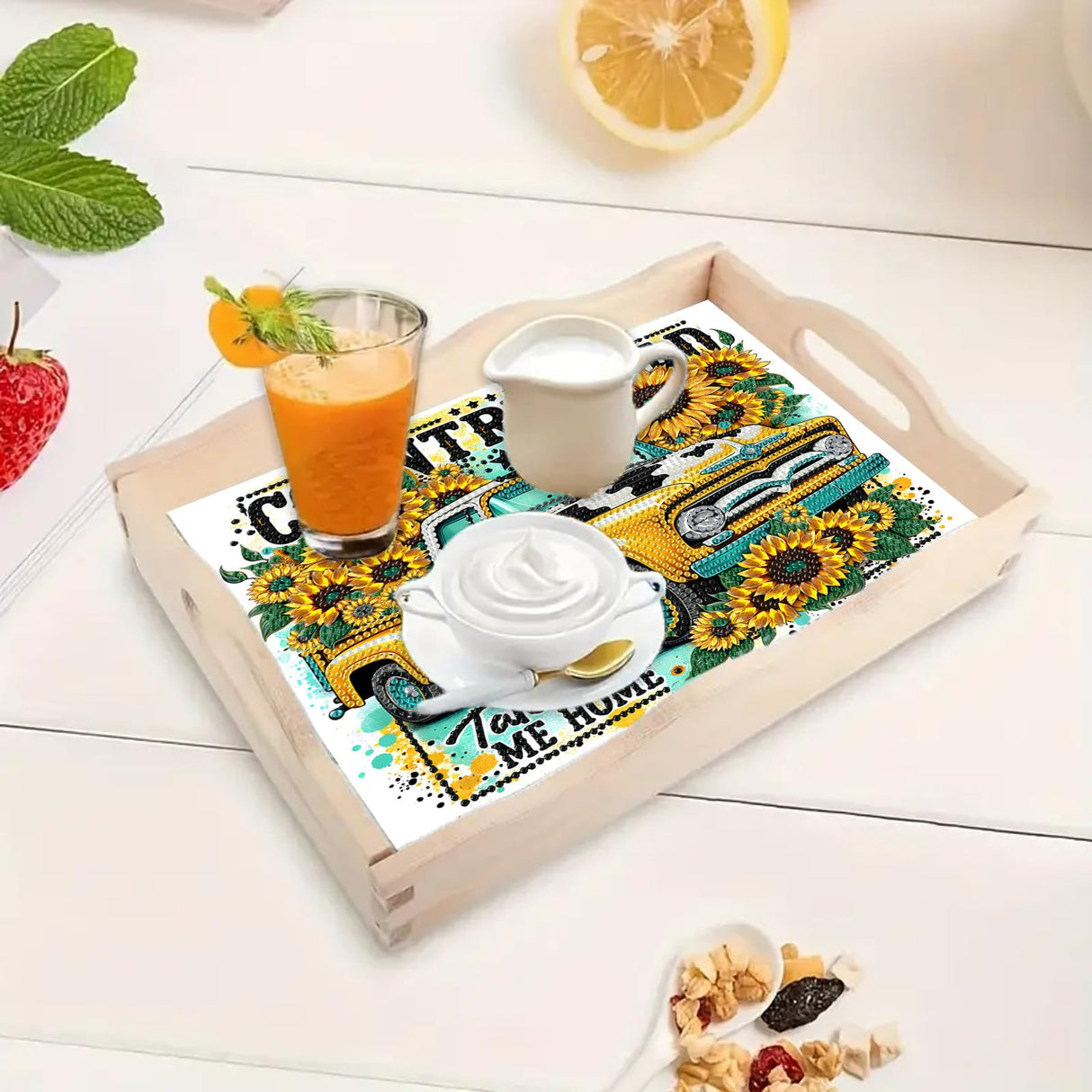 DoxQcs DIY Diamond Art Wooden Tray Kit Easter Food Tray with Handle Diamond Painted Table Decoration Tray for Breakfast Bar Dinner Table Diamond Art Painting for Beginners-#02-Sunflower Car DoxQcs
