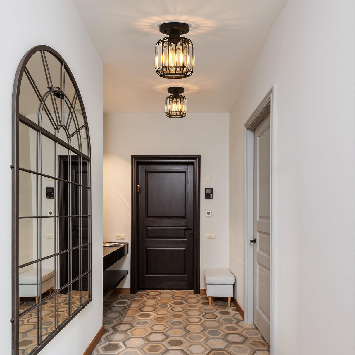 Illus Semi Flush Mount Ceiling Light Fixture, Modern Black Crystal Ceiling Light, Small Hallway Light Fixtures, Entryway Light Fixture for Kitchen Hallway Bedroom Foyer Dinning Room (Black) illus illumination