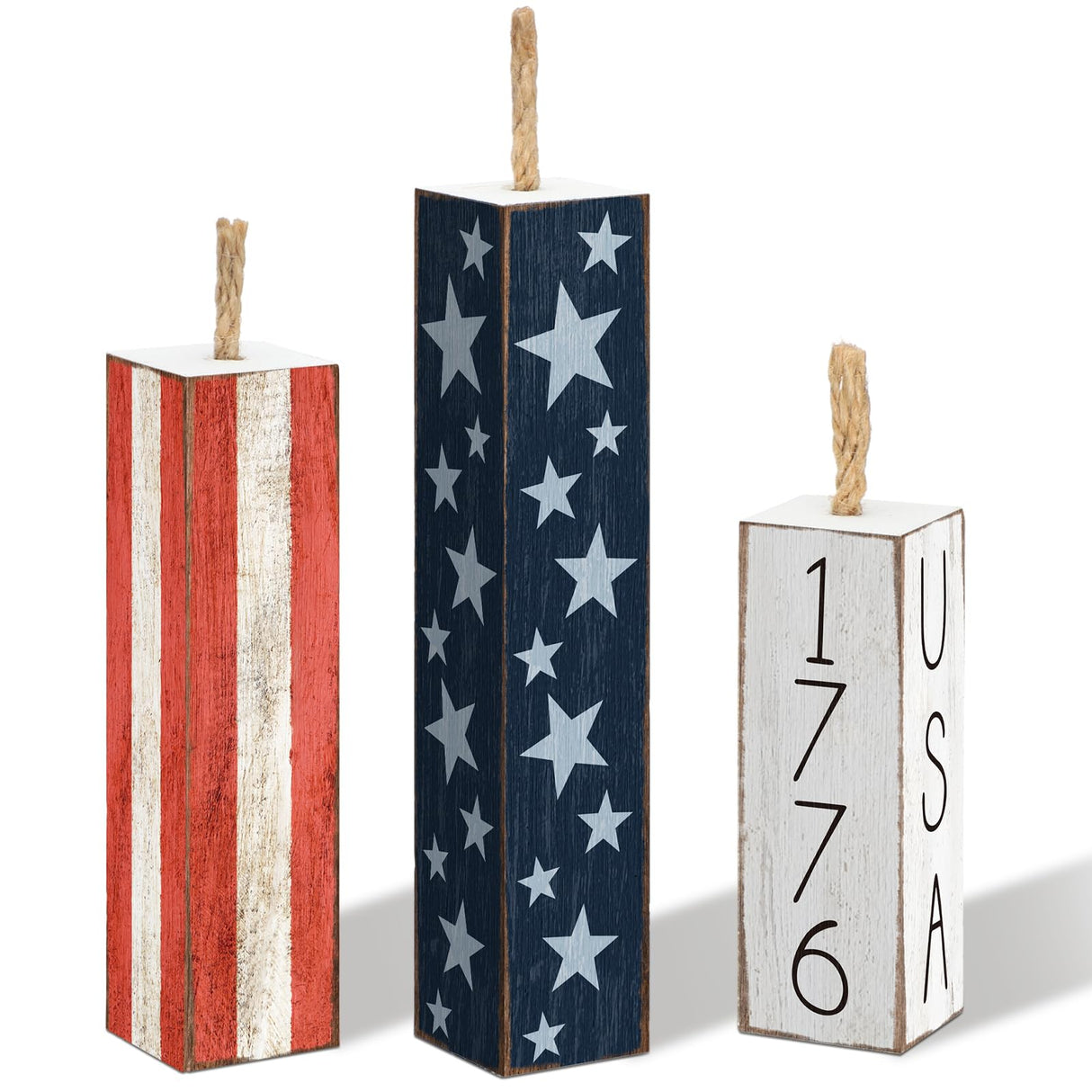 Amyhill 3 Pcs 4th of July Wooden Table Decorations Patriotic Table Centerpieces Independence Day Wood Firework Fourth of July Table Signs for Home Farmhouse Decor(Classic Style) Amyhill
