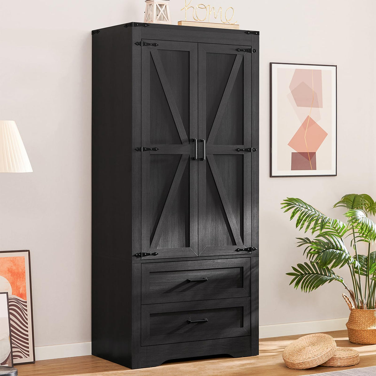 Quimoo 71" Farmhouse Tall Storage Cabinet with Barn Doors, Kitchen Pantry Cabinet with 2 Drawers & Adjustable Shelf, Pantry Storage Cabinet, for Kitchen, Living Room, Dining Room, Black Quimoo