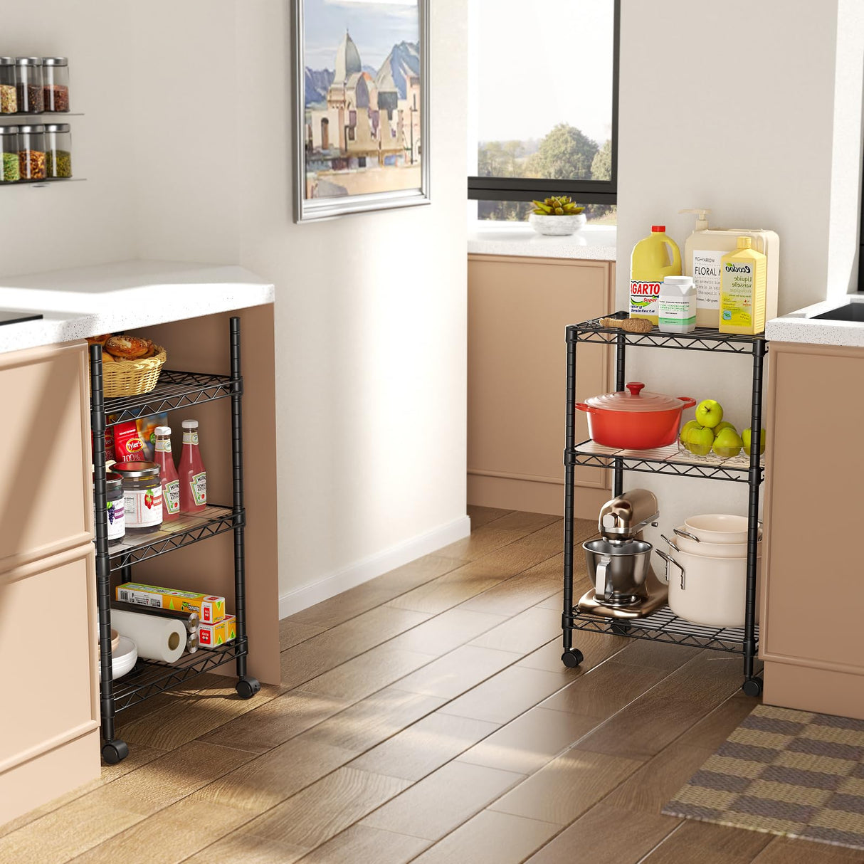 SINGAYE 3 Small Shelves Storage Shelf Wire Shelving Unit Metal Shelf Adjustable Organizers Storage Shelving with Wheels for Bathroom Laundry Room Kitchen Pantry12”D x 18”W x 30.5”H Black SINGAYE