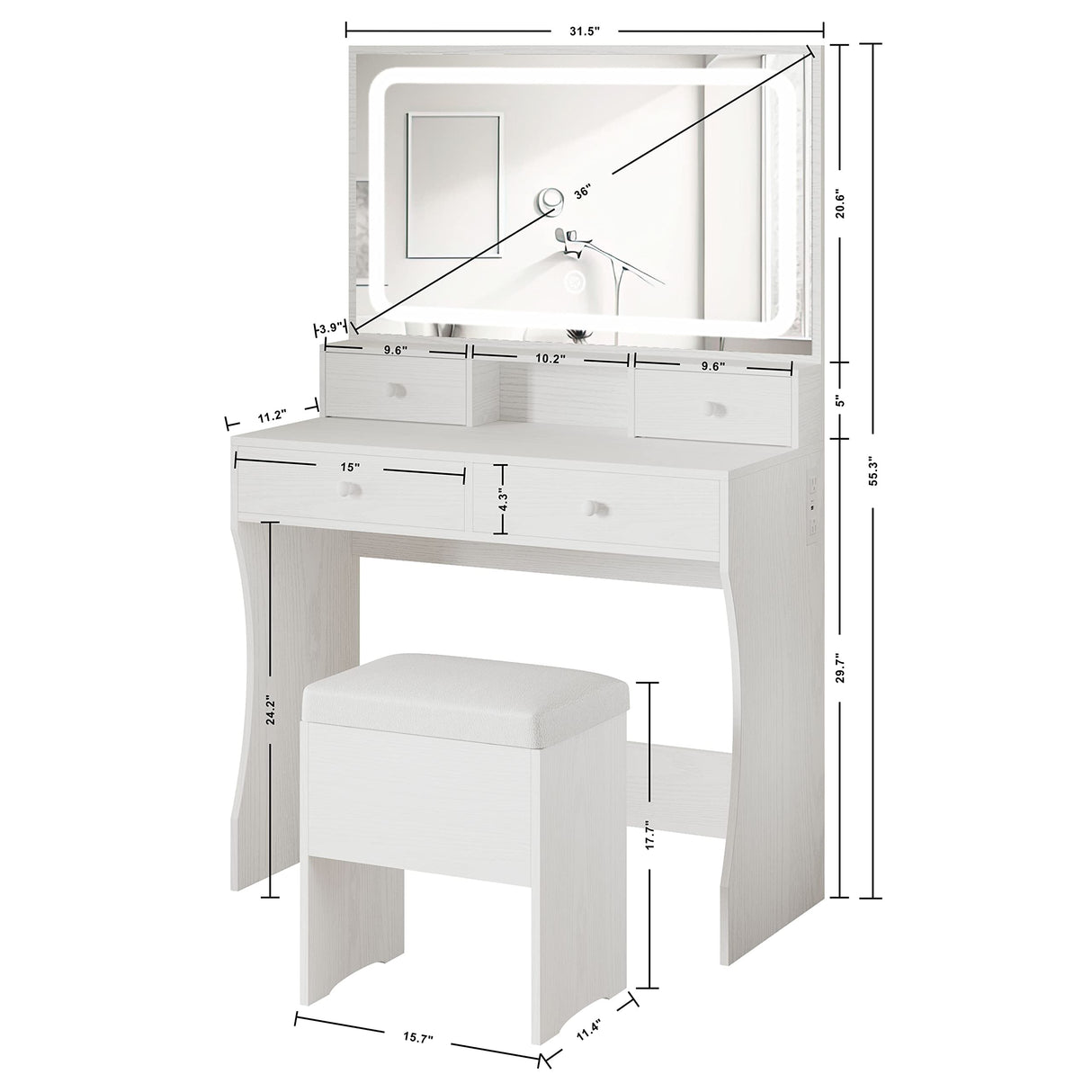 IRONCK Vanity Desk Set with LED Lighted Mirror & Power Outlet, Makeup Vanity Table with 4 Drawers,Storage Bench,for Bedroom, Bathroom, White IRONCK