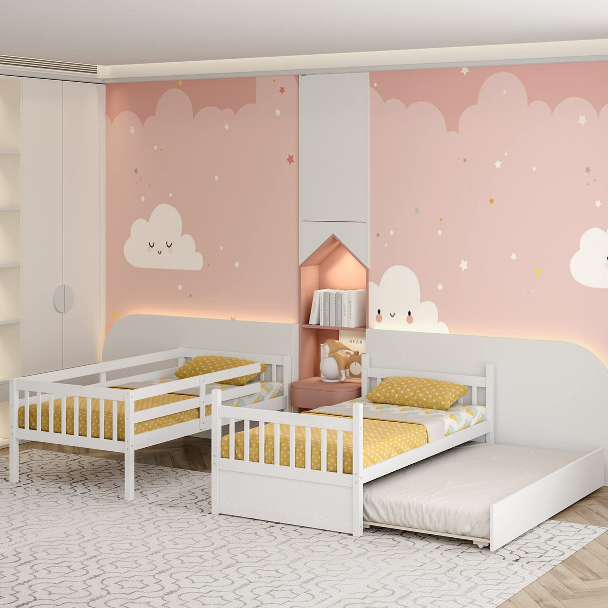 KOMFOTT Wood Twin Over Twin Bunk Bed with Trundle, Solid Pine Wood Bunk Bed Frame with Ladder & Safety Guardrails, Space-Saving Convertible Bunk Bed for Home & Dormitory, No Box Spring Needed KOMFOTT