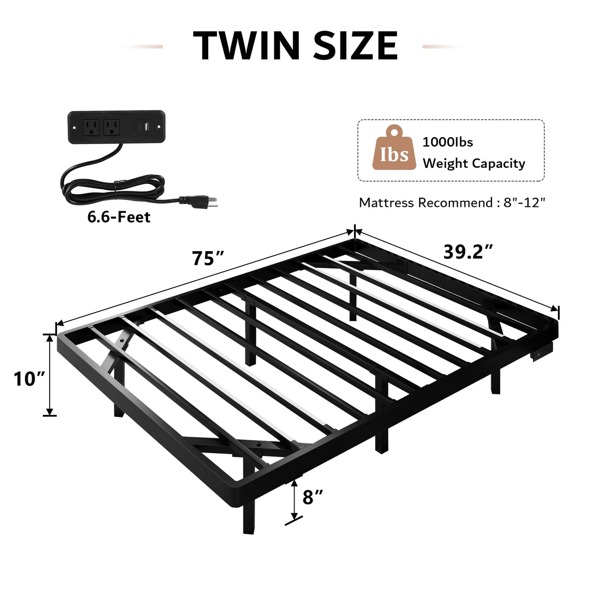 iPormis Twin Size Floating Bed Frame with LED Lighting and Charging Station, Metal Platform Design, Noise-Free Assembly, Black iPormis