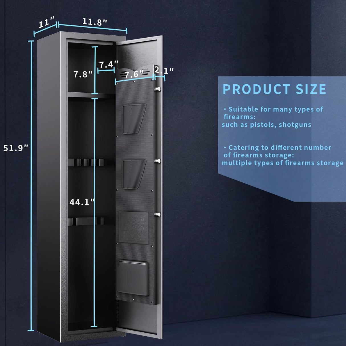 6 Gun Safe for Rifles and Pistols No Assembly Required With 3 Pistol Pouches for Home Security Quick Access via Biometric Lock Gun Safes with Adjustable Gun Rack for Shotguns (52"H x 11"D x 12"W) AOJUFEO