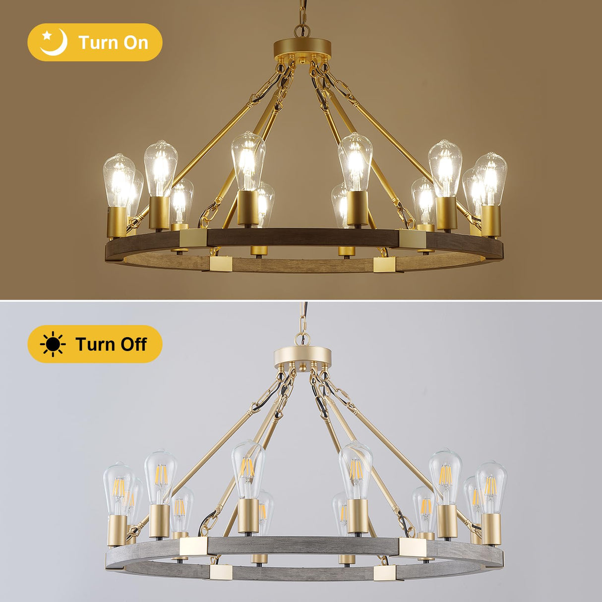 YongMing CL Farmhouse Wagon Wheel Chandelier 31" Gold Wooden Chandelier 12-Light Rustic Pendant Light Fixture for Dining Room Living Room Entryway Foyer YongMing CL