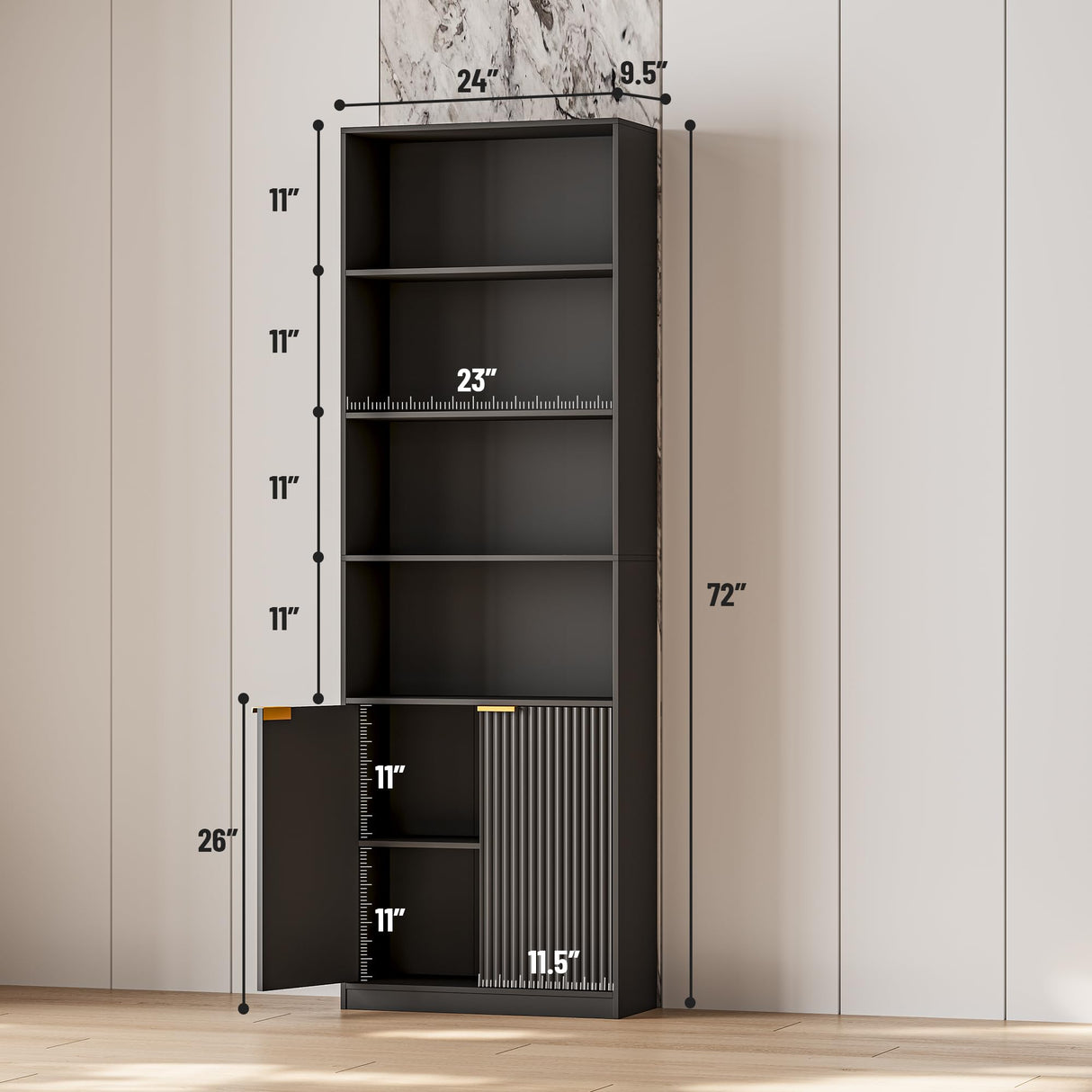 INNOD 72" Tall Book Shelve Bookcases with Doors, Floor Standing 6 Shelf Display Storage Shelves, Book Shelf with Storage Cabinet, Home Decor Furniture for Living Room Bedroom and Home Office INNOD