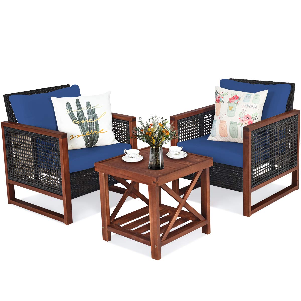 Tangkula 3 Pieces Patio Wicker Furniture Set, Rattan Outdoor Sofa Set w/Washable Cushion & Acacia Wood Coffee Table, Conversation Bistro Set for Garden Balcony Backyard (Blue) Tangkula