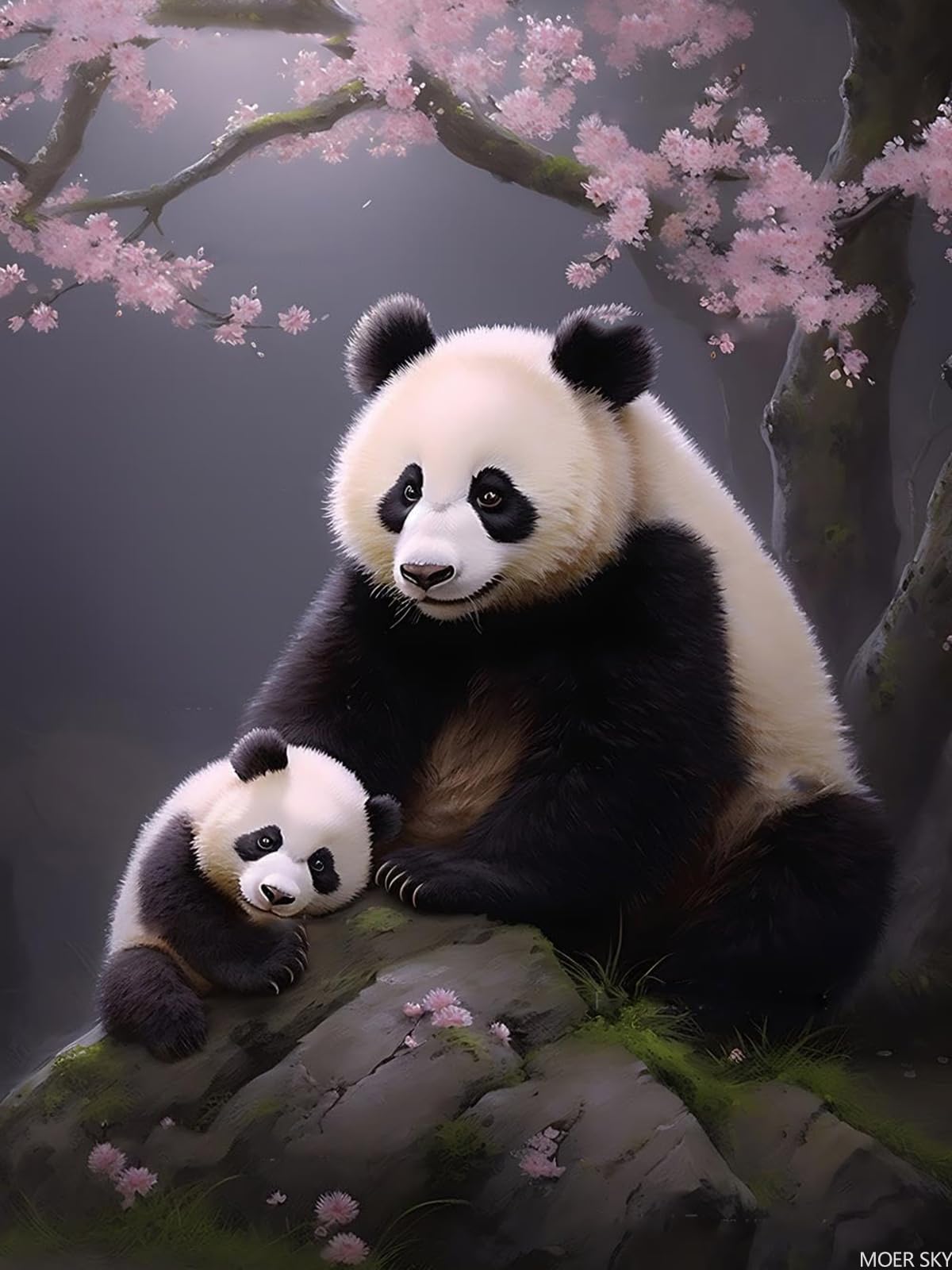 DIY Diamond Painting Kits Panda and Cub with Flowers Paint by Numbers for Adult Beginners, Full Round Panda Diamond Art Kits for Adults, for Wall Decor Club Decor Gifts 12x16 inch MOER SKY