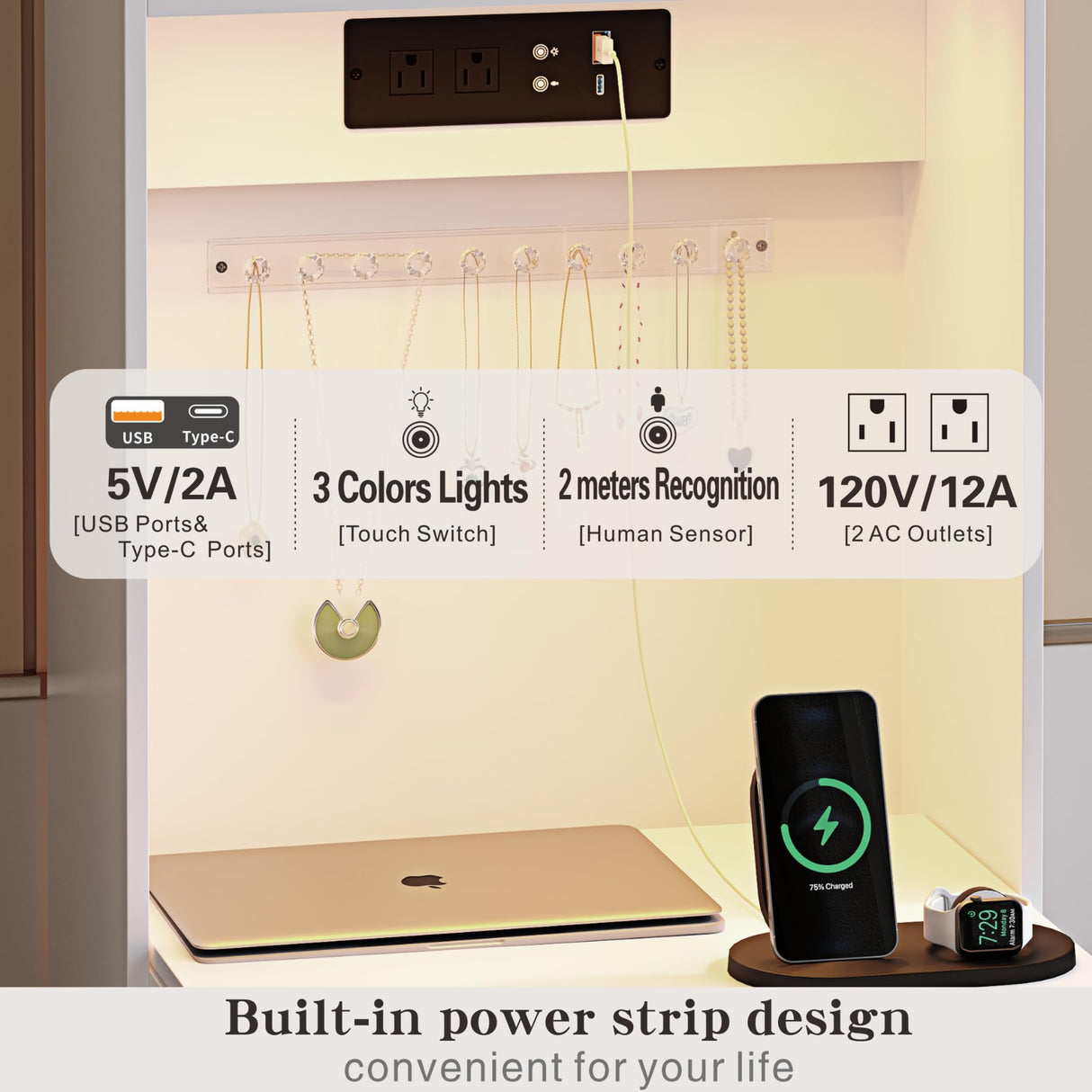 Small Vanity Desk with Mirror and Lights, Makeup Vanity Table with Drawers for Small Space, Compact Mini Corner Vanity Set Dressing Table - Charging Station & Human Motion Sensing for Bedroom (White) HWB