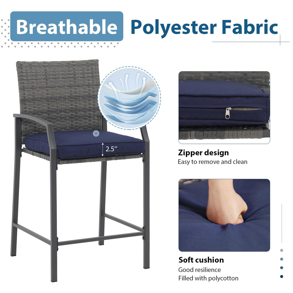 JOIVI 3 Piece Patio Bar Set, Outdoor Wicker Counter Height Bar Stools and Wood Top Table Set for 2 People, Bar Height Table Bistro Set with 2 Bar Chairs and Cushions for Backyard, Balcony JOIVI