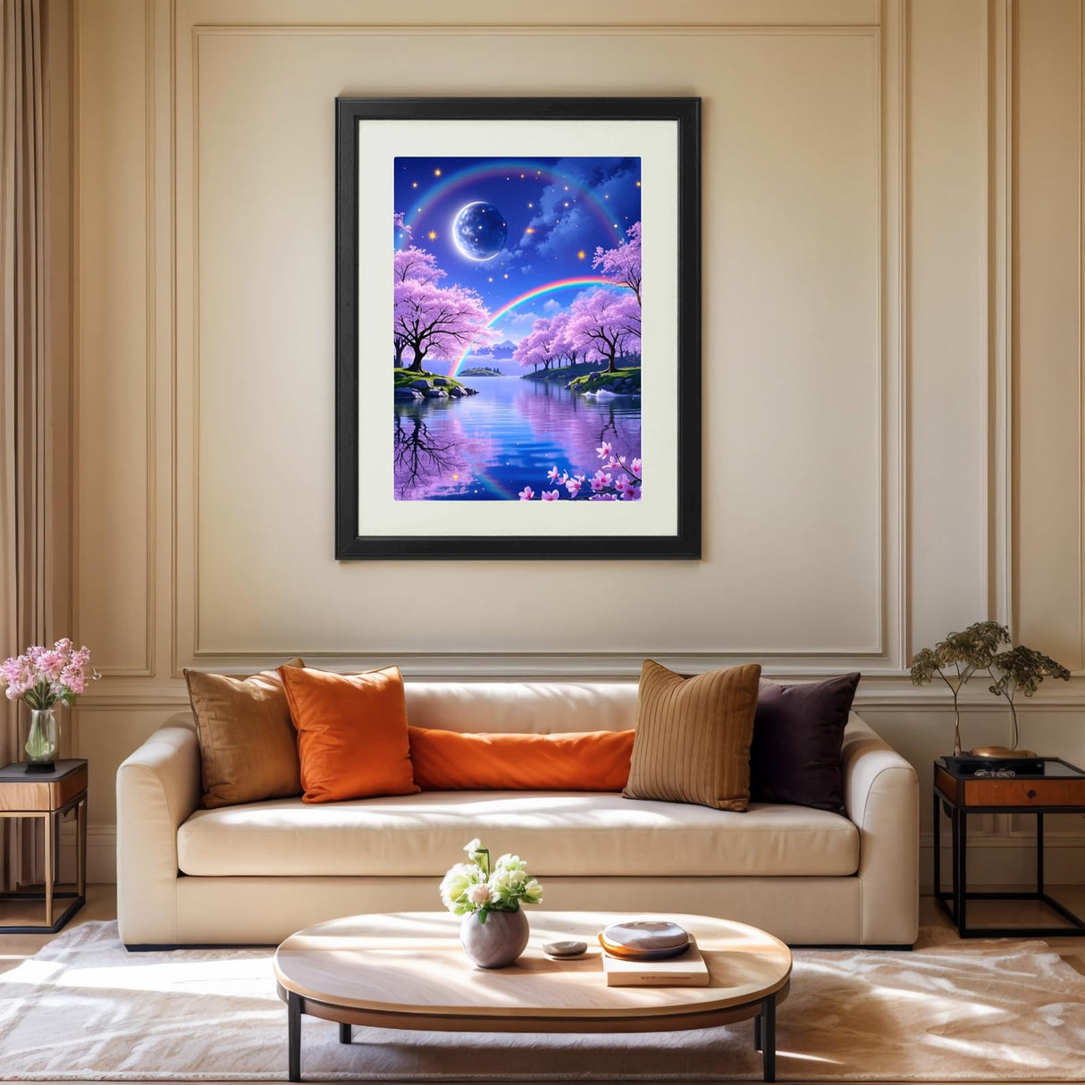 PINFFSHU 5D Diamond Painting Kits for Adults - Fantasy Starry Sky, Pink Cherry Blossoms & Magical Moonlit Rainbows DIY Full Drill Art, Sparkling Enchanted Landscape Wall Decor 12x16 Inches (30x40cm) PINFFSHU