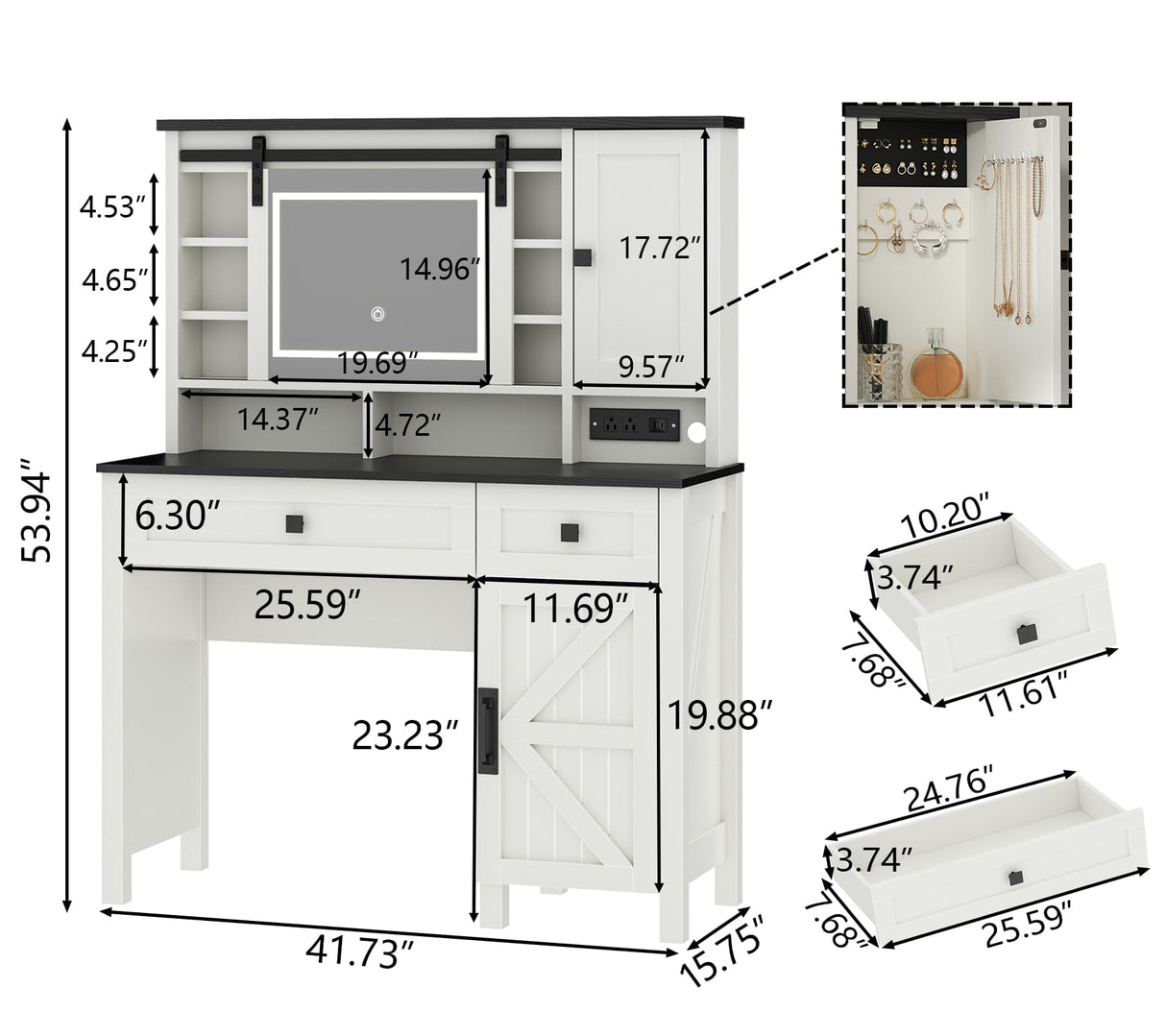 Loomie Farmhouse Vanity Desk with Sliding Mirror & Lights, Makeup Vanity Table with Power Outlet, 2 Drawers, 2 Cabinets & 2 Cubbies, Dressing Table with 3 Color Lighting Modes for Bedroom (White) Loomie