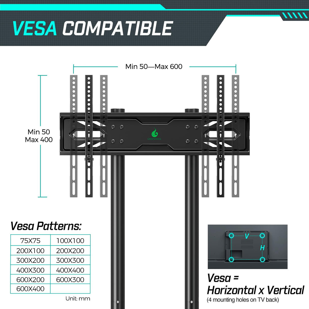 Greenstell TV Stand with Power Outlet, Mobile TV Cart on Wheels for 32-85 inch LED LCD Flat Curved Panel Screen TVs, up to 132lbs, Height Adjustable Rolling TV Stand with AV Shelf, Max VESA 600x400mm GREENSTELL