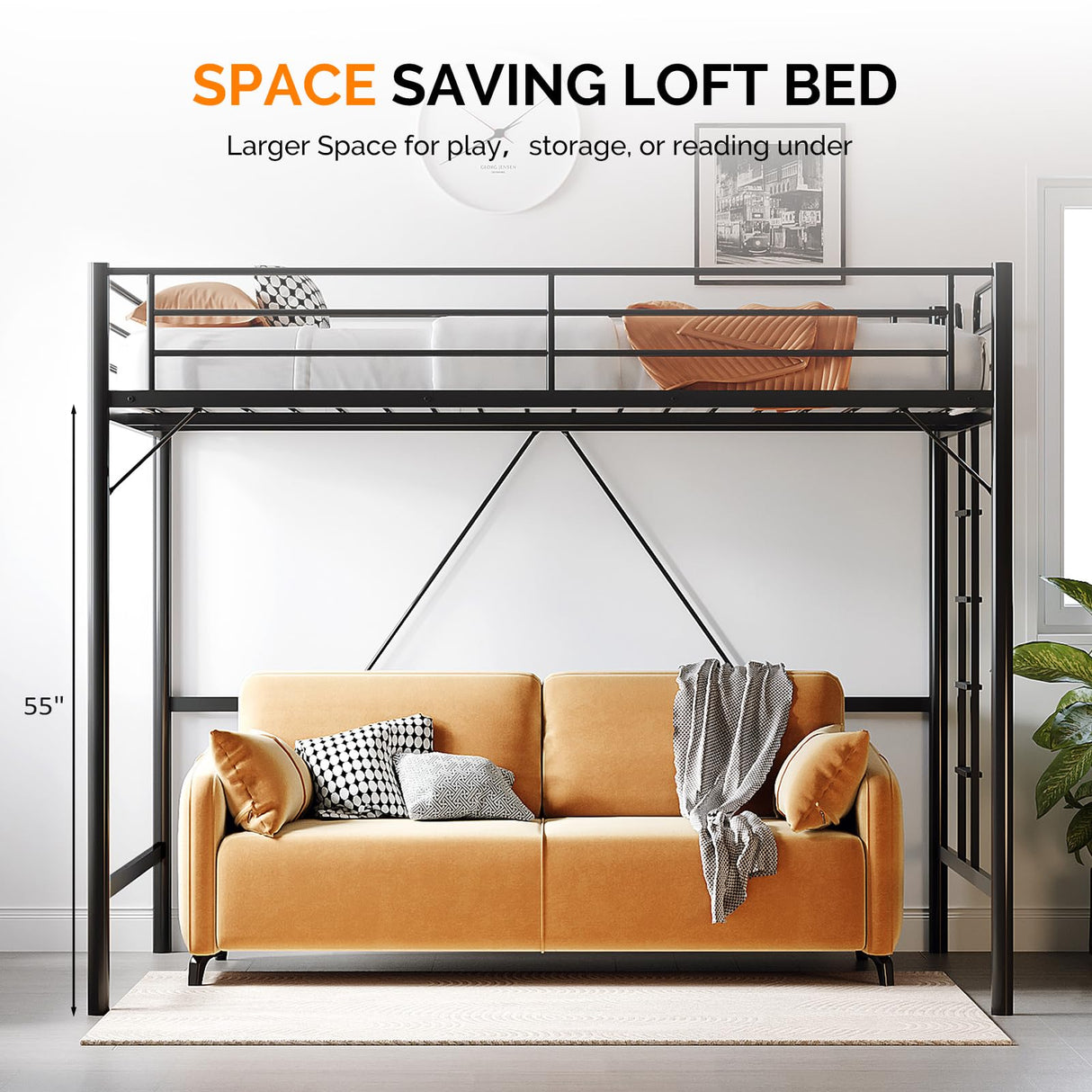 VINGLI Queen Loft Bed with Flat Rungs for Adults, Kids and Young Teens, No Box Spring Required,Heavy Duty Metal Slat Support, Black VINGLI