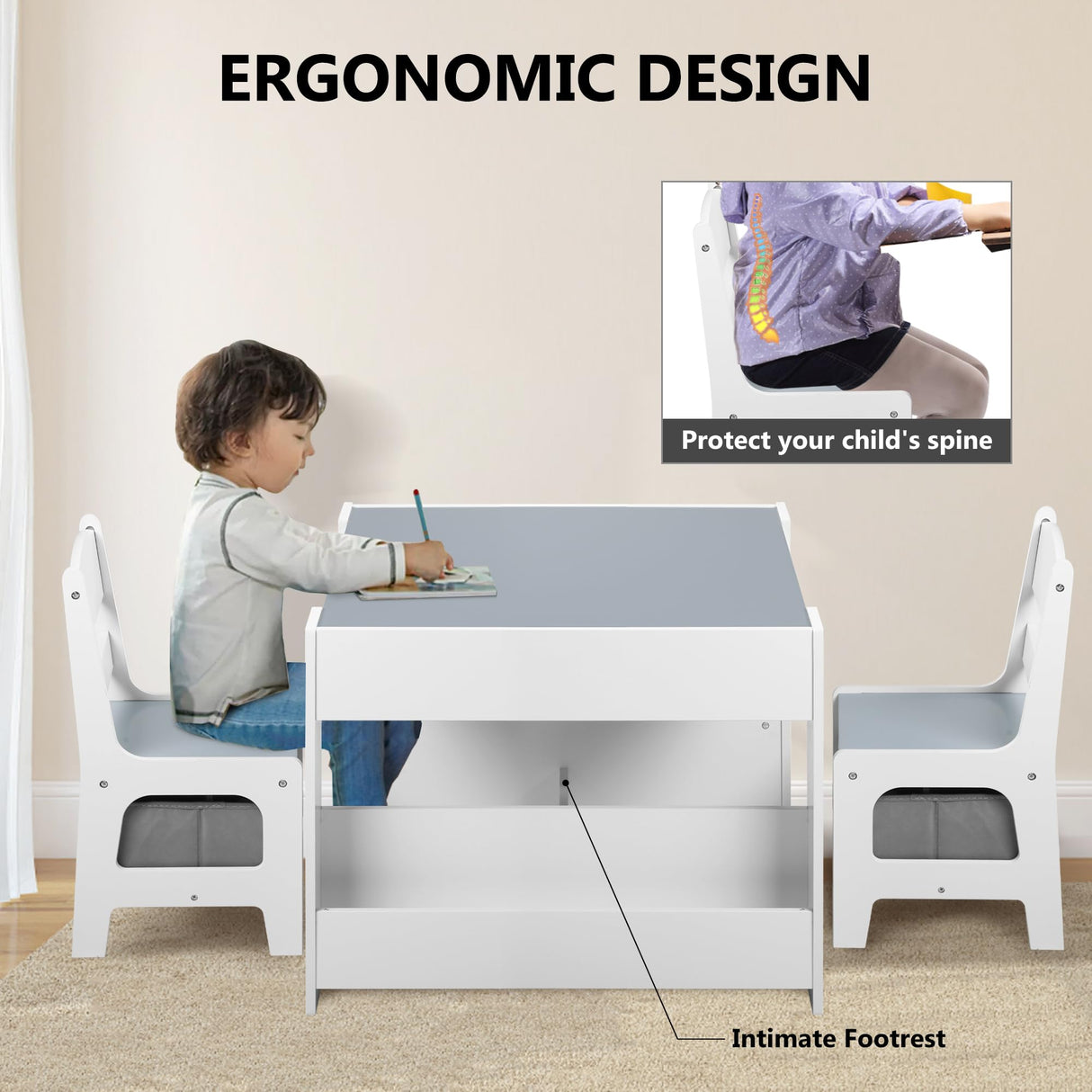 Kinder King Kids Wood Table & 2 Chairs Set, 4 in 1 Children Activity Table w/Double Bookcase, Blackboard, Toddler Furniture Set for Art, Crafts, Drawing, Reading, Playroom, Grey Kinder King