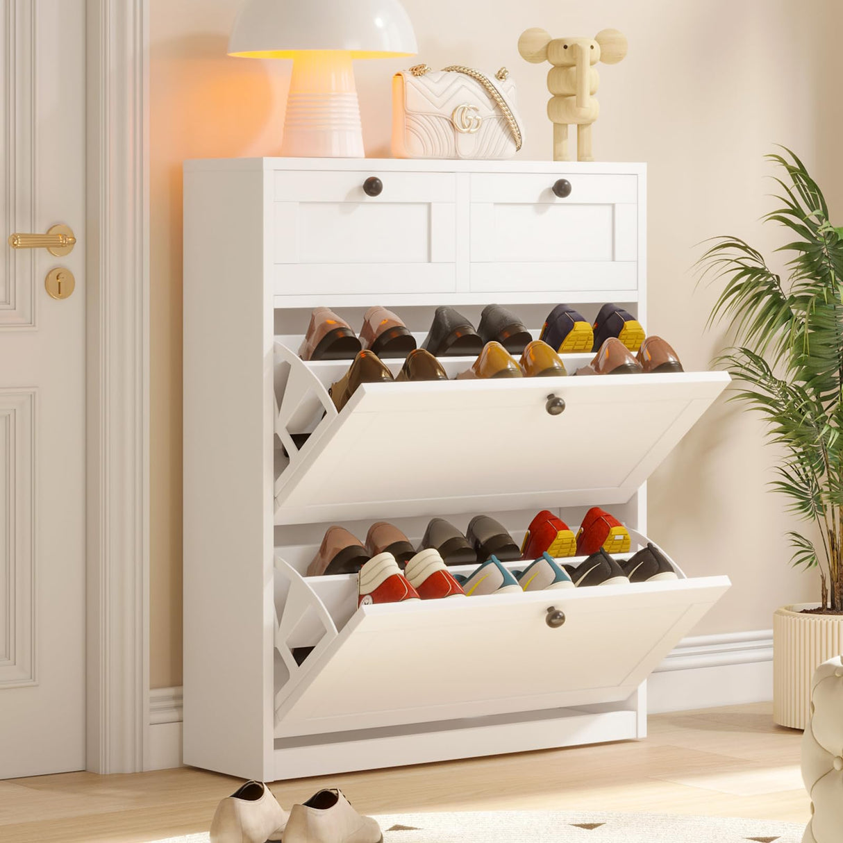 VOWNER Shoe Cabinet with 2 Flip Drawers & 2 Drawers, Freestanding Shoe Storage Cabinet with Adjustable Shelves, Shoe Organizer for Entryway, Hallway, Living Room (White) VOWNER