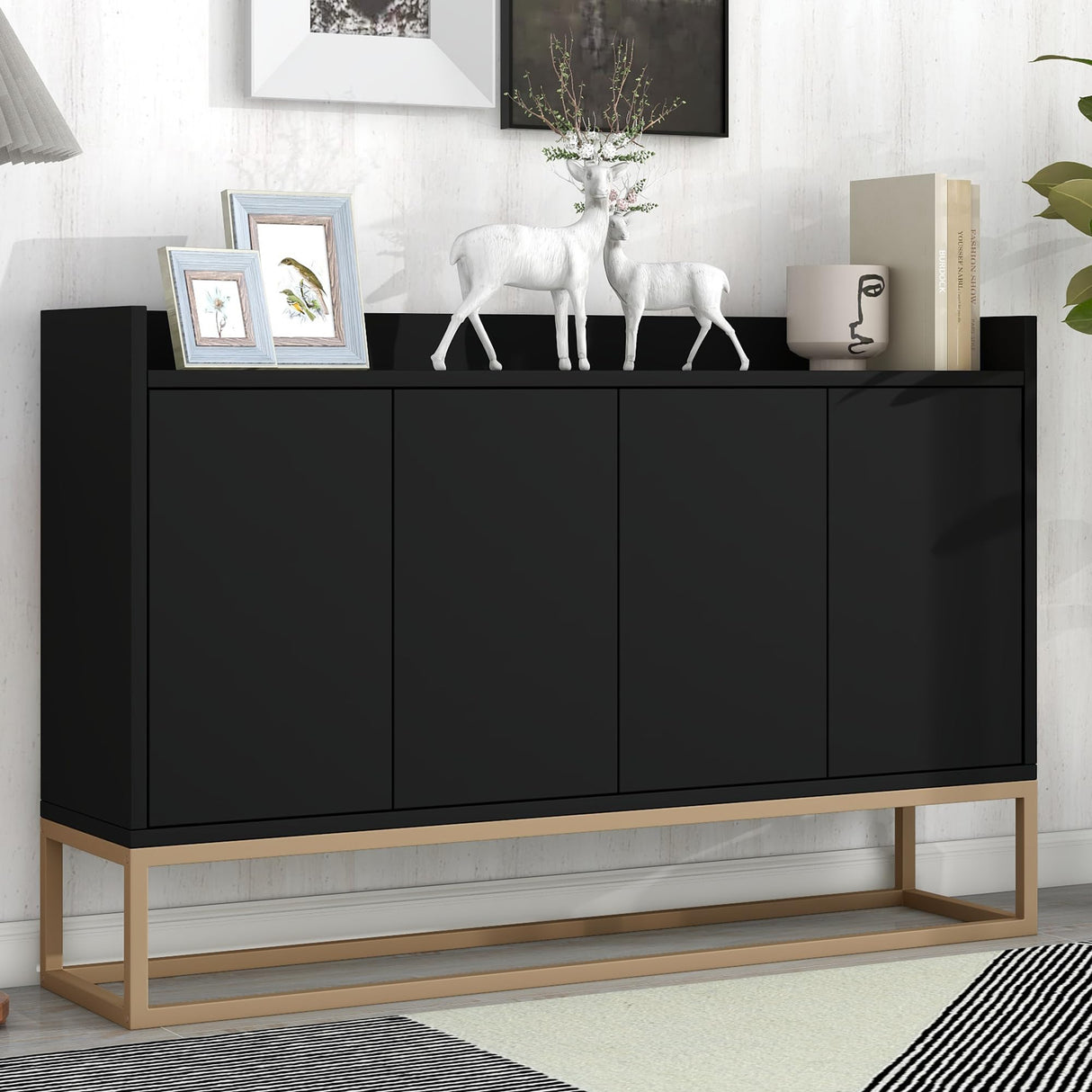 LUMISOL Wood Storage Sideboard Buffet Cabinet with Adjustable Shelves and Fence Tabletop, Modern Kitchen Sideboard Cabinet with Metal Base LUMISOL