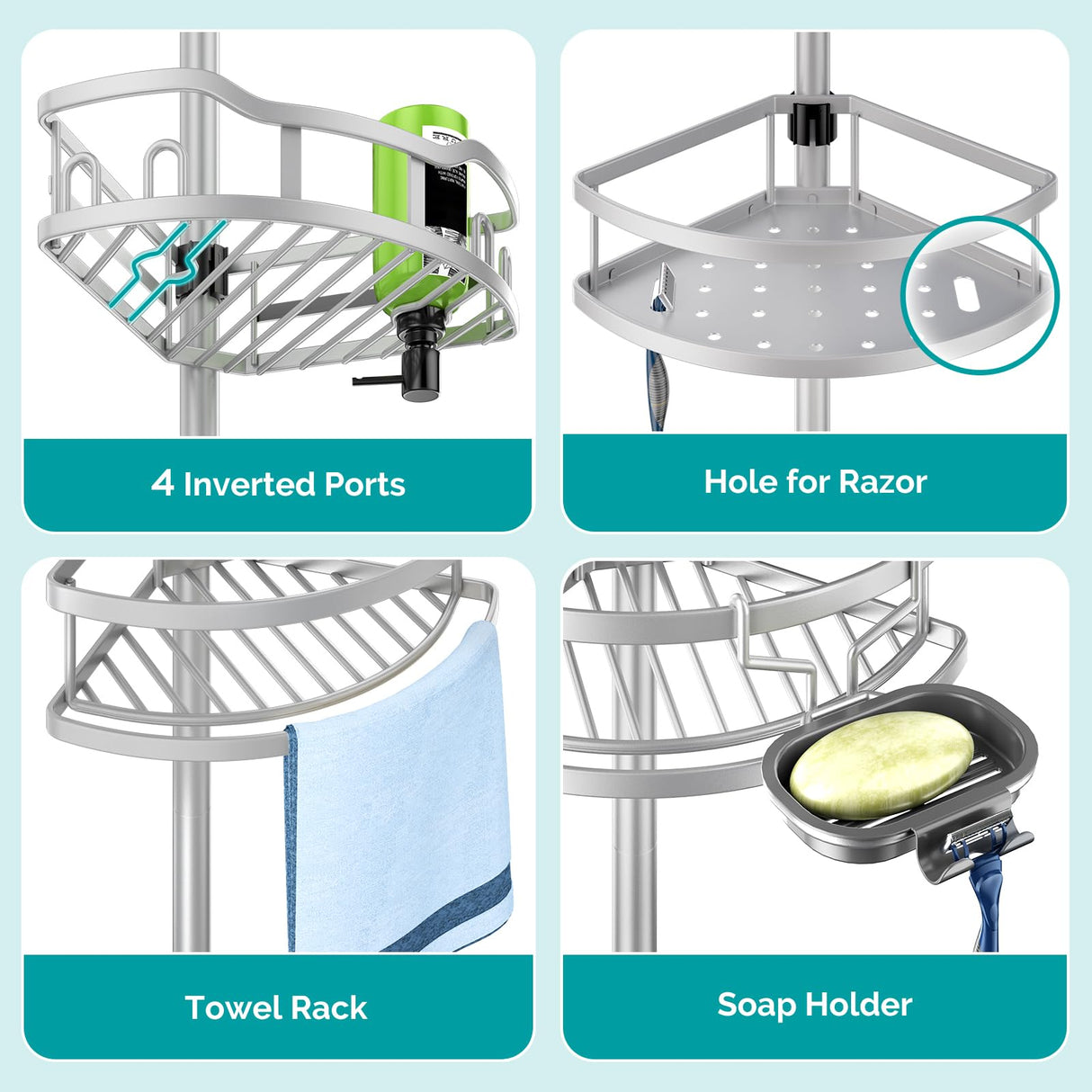 HAMITOR Corner Shower Caddy Tension Pole: Rustproof 4-Tier Bathroom Organizer Shelves for Bathtub Shampoo Storage - 47-121 Inch Quick Install Adjustable Rod Standing Rack with Soap Rack - Silver Gray HAMITOR