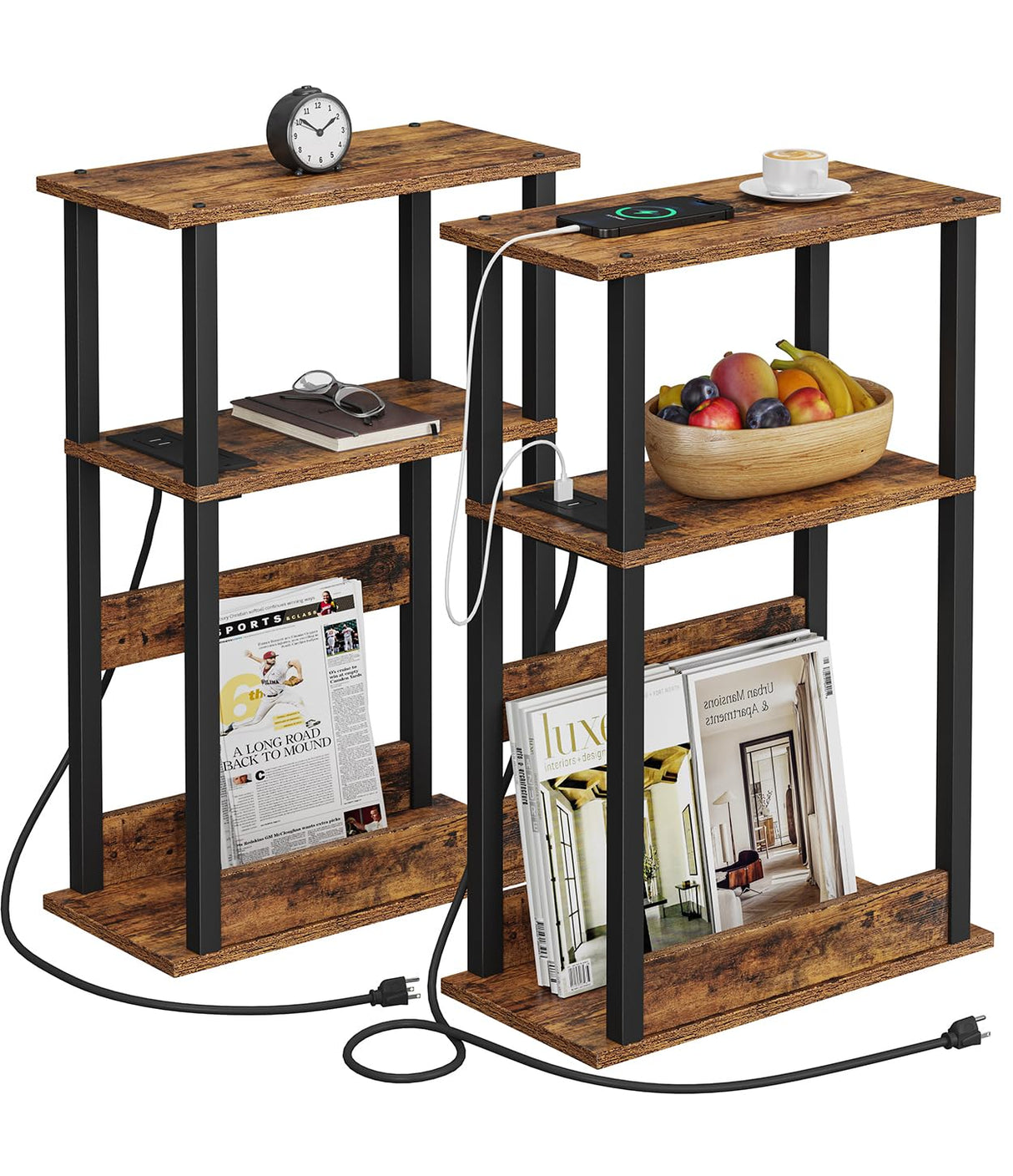VIMBER Narrow Side Table with Charging Station, 2 Set of Skinny End Table for Small Spaces, Sofa Beside Table with Storage Shelf, Slim Nightstand with USB Ports Outlet, Rustic and Brown VIMBER