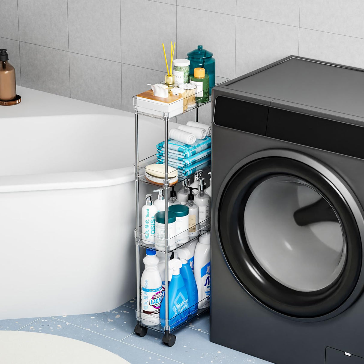 Yieach Slim Rolling Cart with Wheels for Small Spaces,3 Tier Skinny Utility Bathroom Storage Cabinet & Laundry Room Organization,5.1″W Narrow Shelf Unit for Small Spaces,Toilet Side,Office,Kitchen Yieach