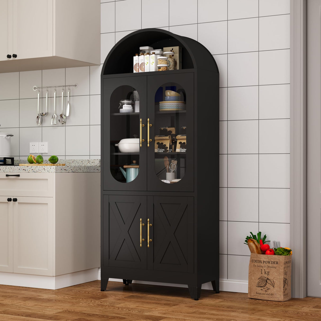 PAOFIN 73" Metal Tall Arched Kitchen Pantry Cabinet, Modern Farmhouse Kitchen Storage Cabinets with 3 Adjustable Shelves, Versatile Cupboard for Kitchen, Dining Room, Black PAOFIN